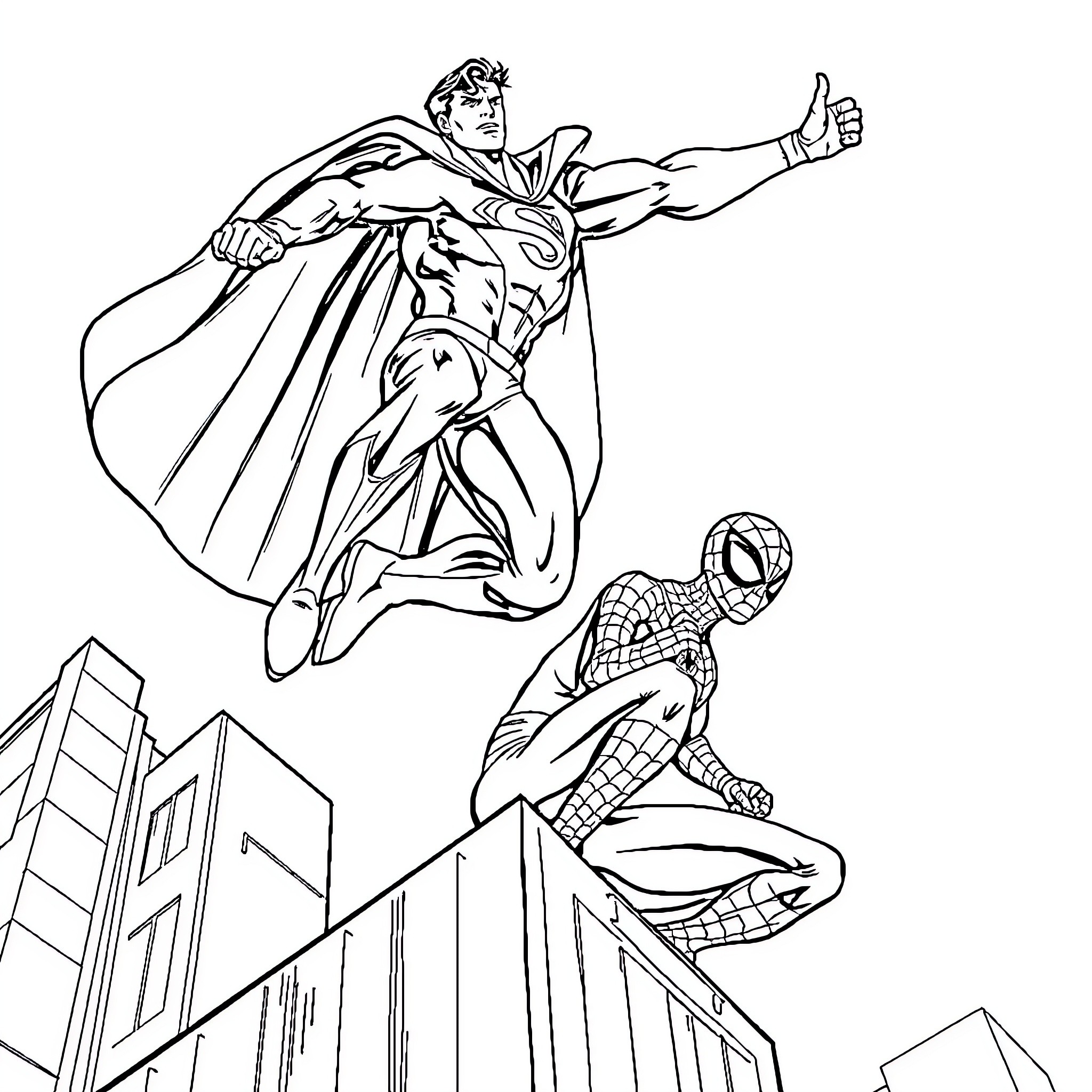 Superman and Spider-Man Heroic Duo in Action Coloring Page (free black-and-white line drawing printable PDF for all, from beginners to advanced learners, including children, teens, adults, and seniors)