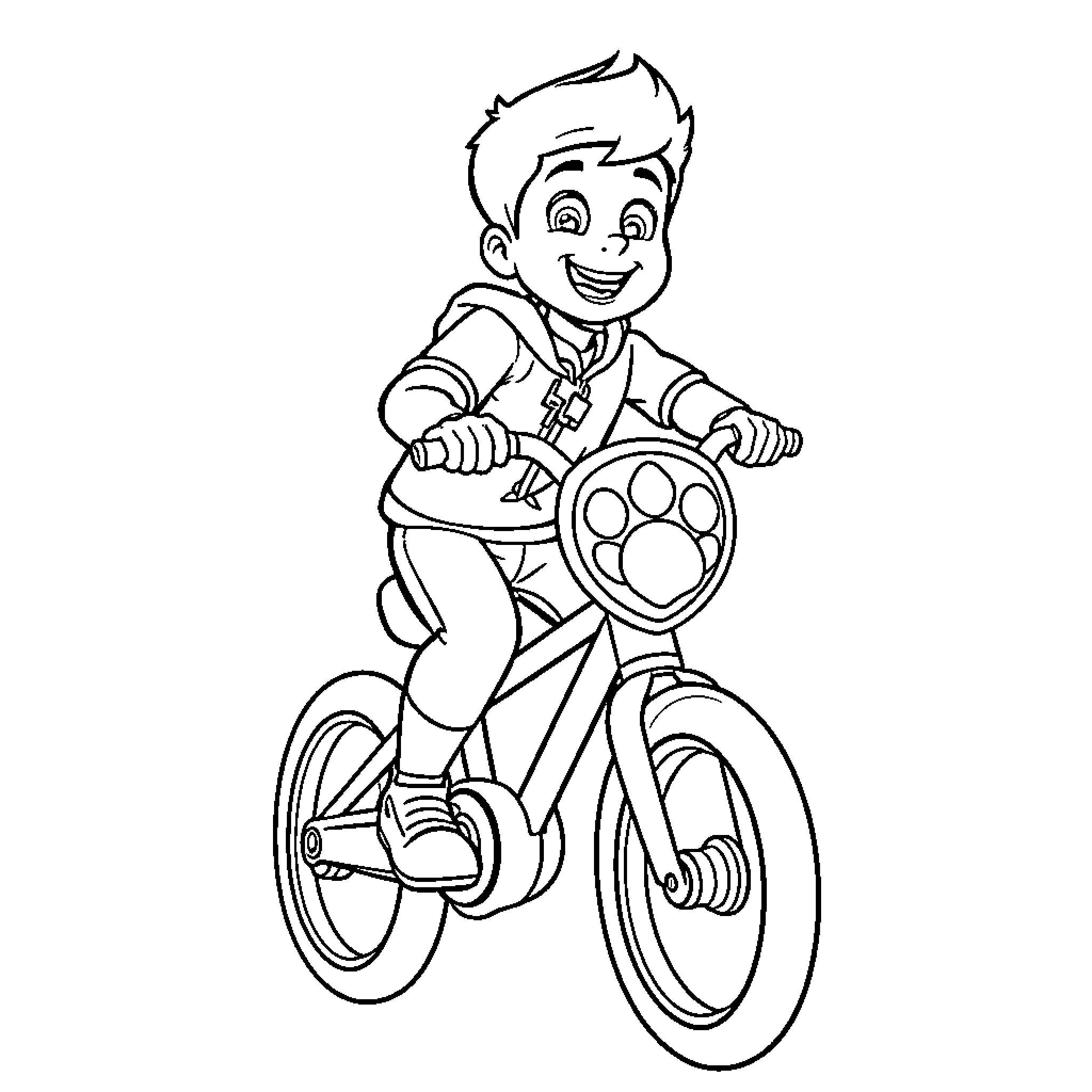 Boy happily riding his bicycle Coloring Page (free black-and-white line drawing printable PDF for all, from beginners to advanced learners, including children, teens, adults, and seniors)