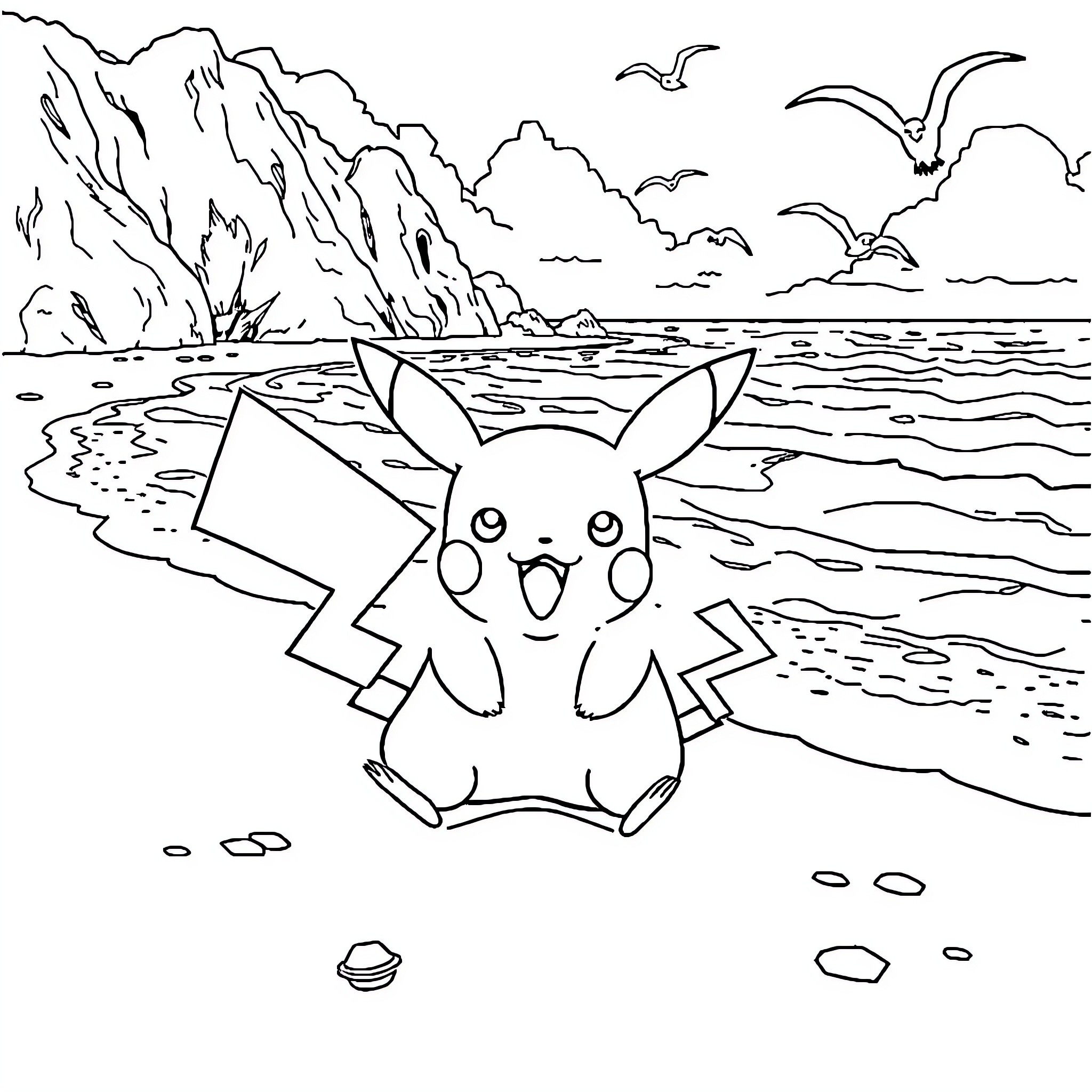 Pikachu enjoying the scenic beach view Coloring Page (free black-and-white line drawing printable PDF for all, from beginners to advanced learners, including children, teens, adults, and seniors)