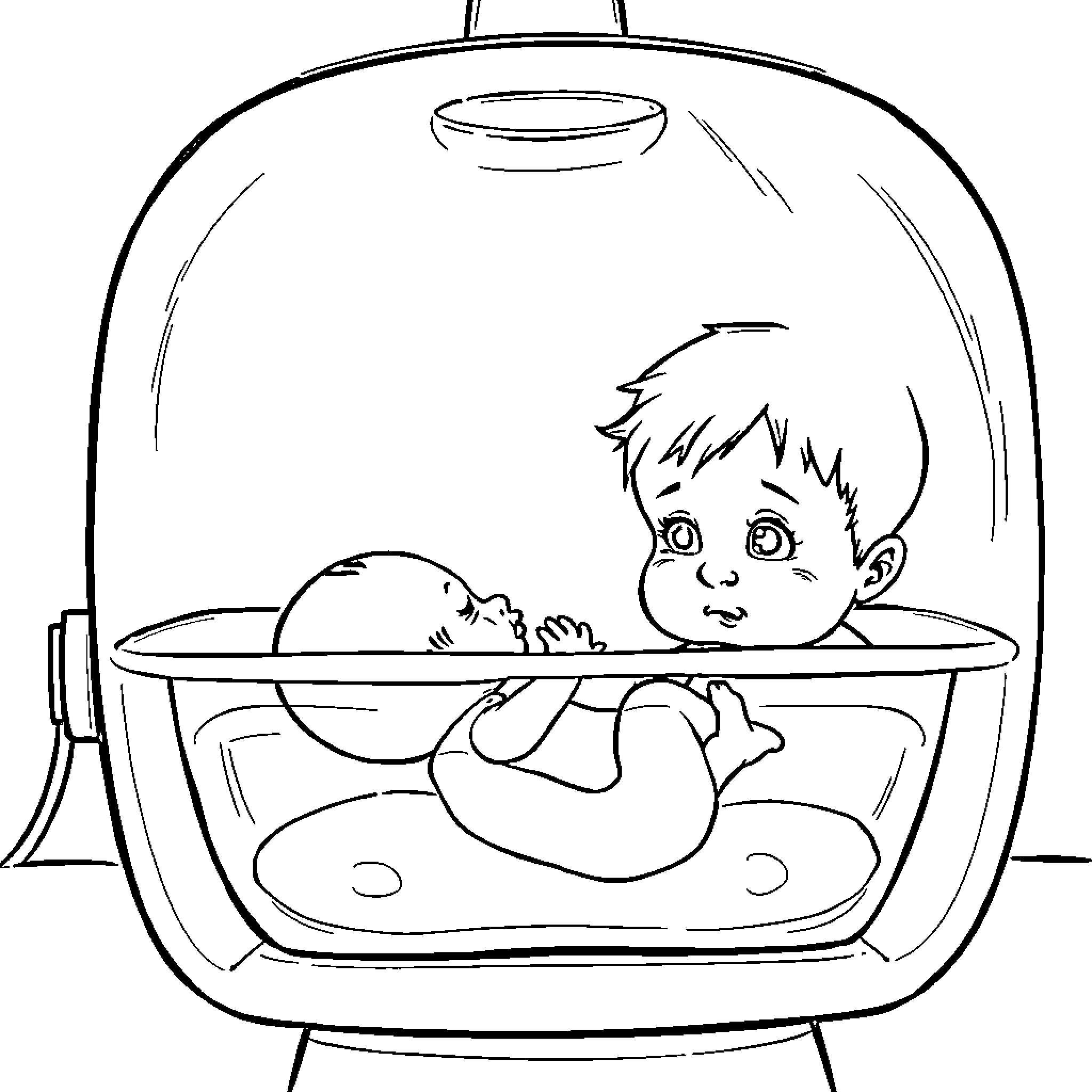 Baby looking curiously from a glass container Coloring Page (free black-and-white line drawing printable PDF for all, from beginners to advanced learners, including children, teens, adults, and seniors)