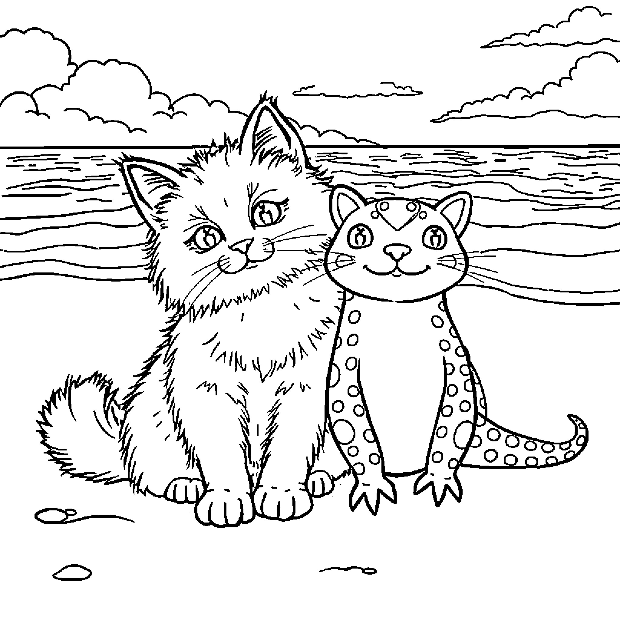 Cat friends on the beach Coloring Page (free black-and-white line drawing printable PDF for all, from beginners to advanced learners, including children, teens, adults, and seniors)