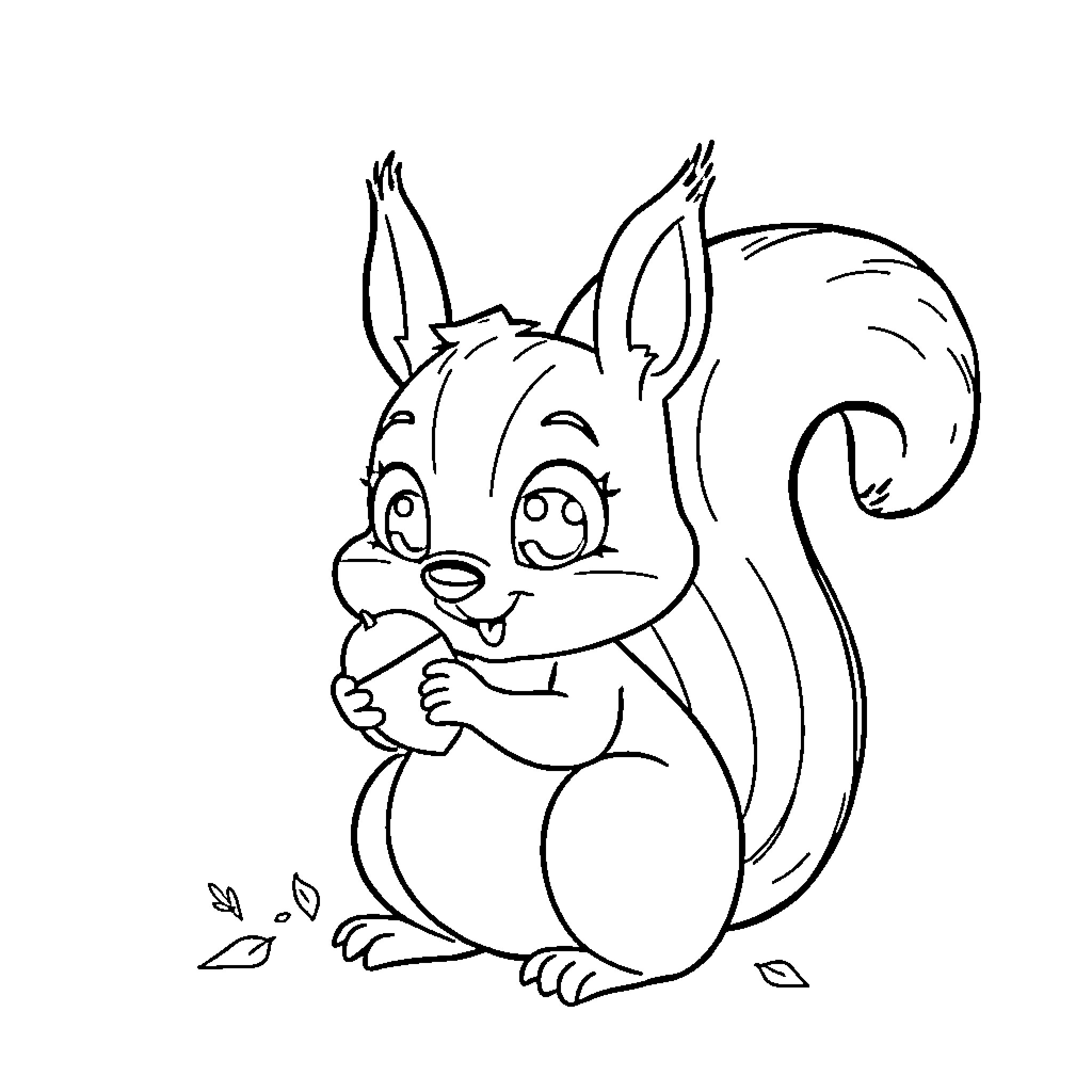 Squirrel enjoying a snack in the woods Coloring Page (free black-and-white line drawing printable PDF for all, from beginners to advanced learners, including children, teens, adults, and seniors)