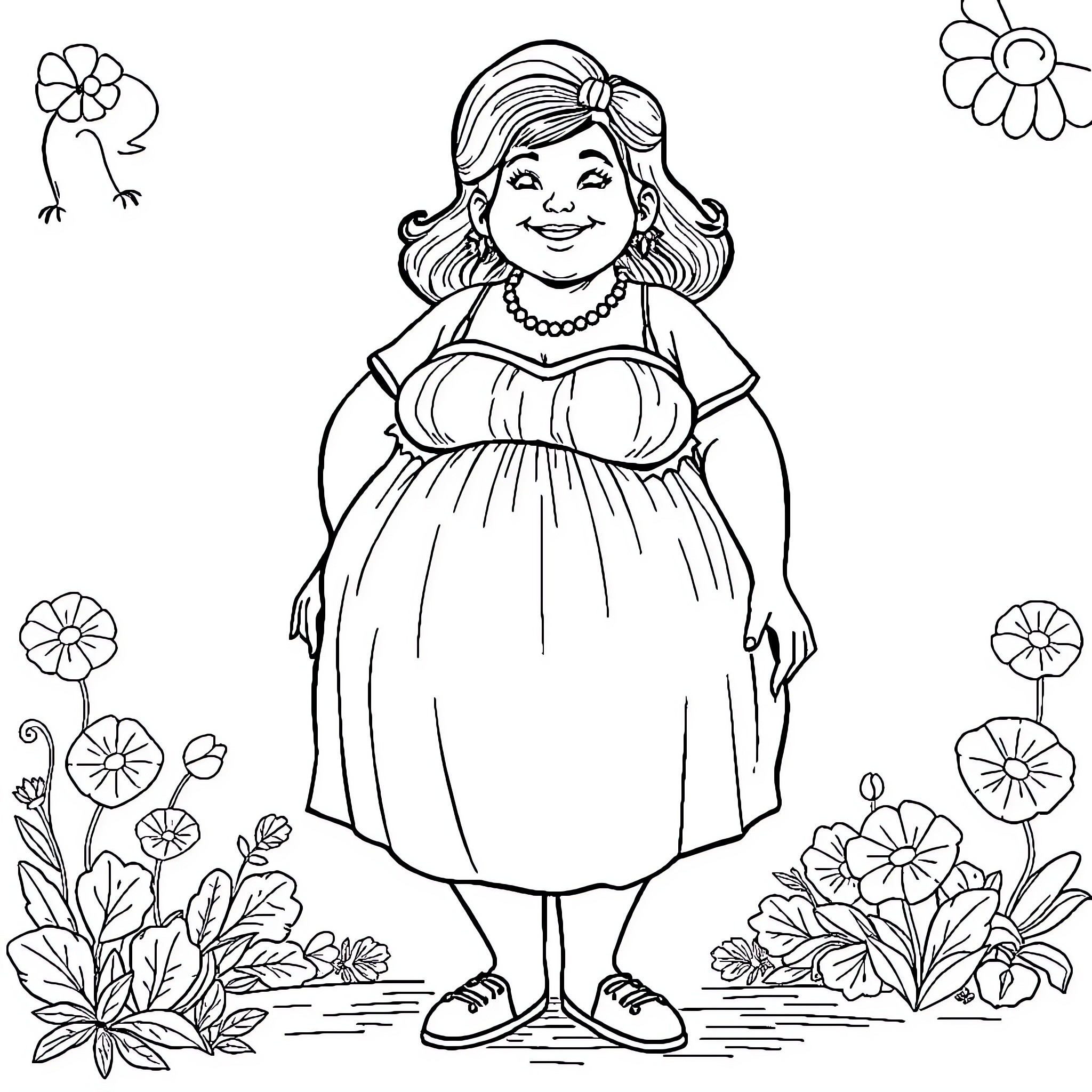 Lady in Flower-Adorned Dress Smiling Joyfully Coloring Page (free black-and-white line drawing printable PDF for all, from beginners to advanced learners, including children, teens, adults, and seniors)