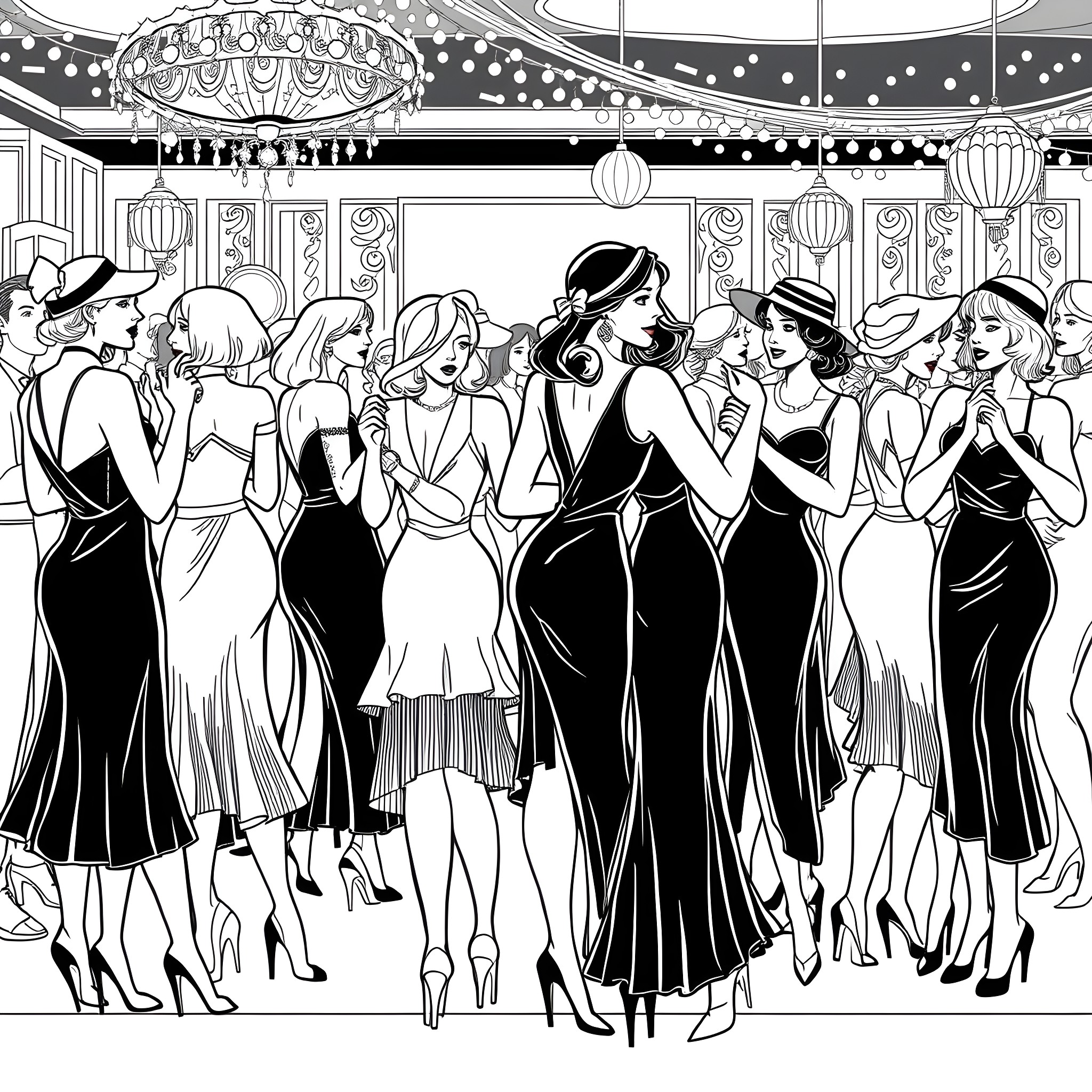 Woman in fancy dresses at a grand ballroom event Coloring Page (free black-and-white line drawing printable PDF for all, from beginners to advanced learners, including children, teens, adults, and seniors)