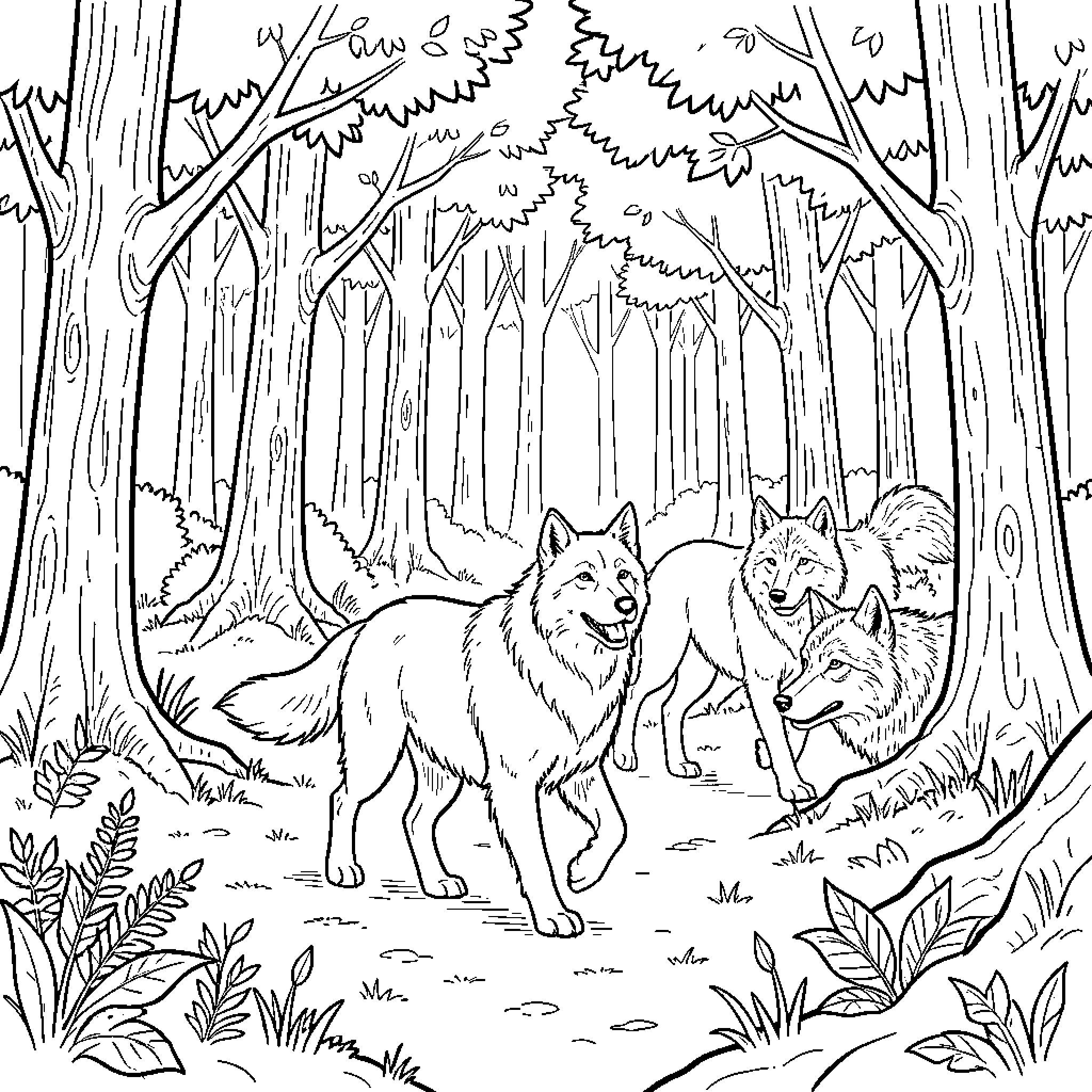 Dog pack walking through a dense forest Coloring Page (free black-and-white line drawing printable PDF for all, from beginners to advanced learners, including children, teens, adults, and seniors)