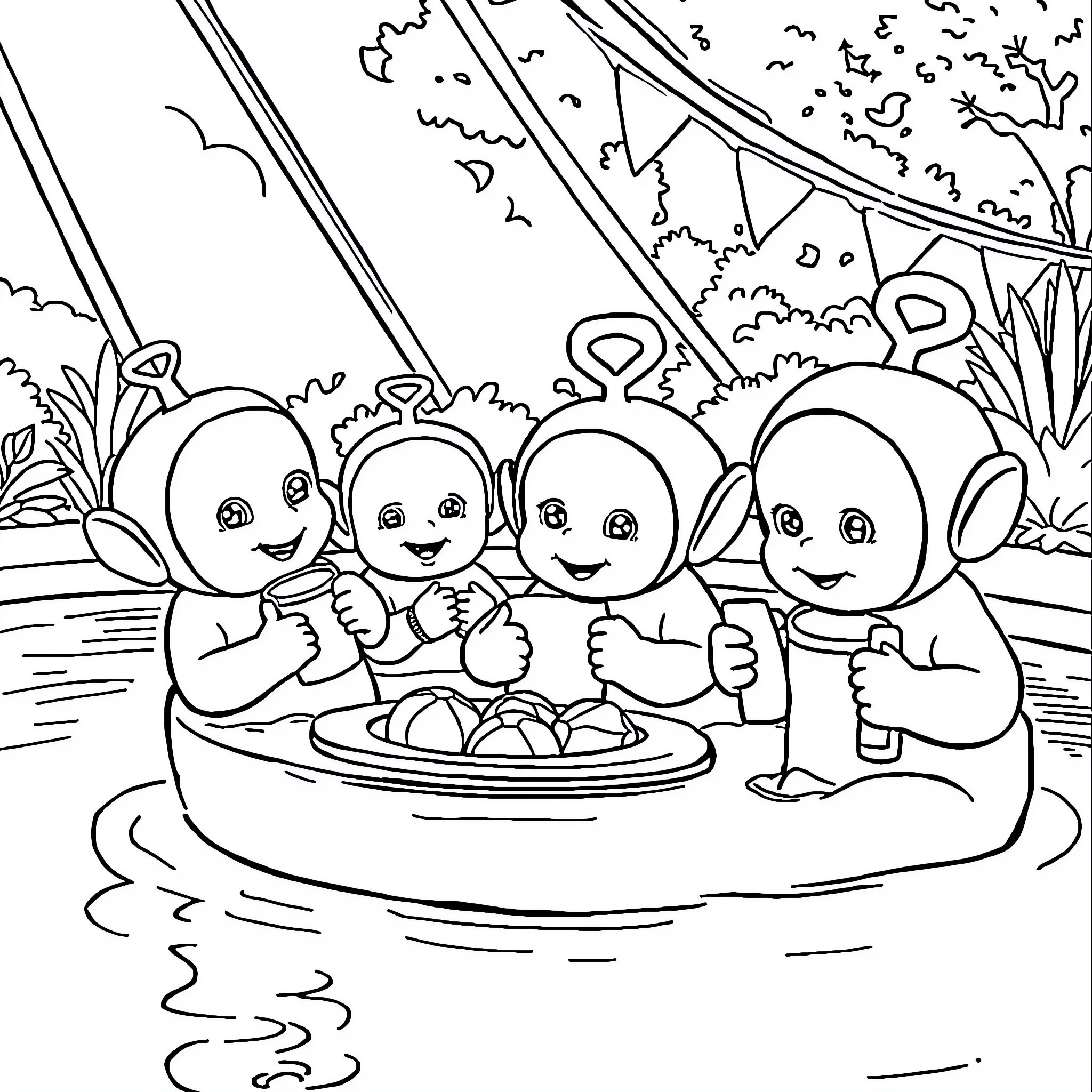 Tchoupi and Friends Enjoying a Picnic Outdoors Coloring Page (free black-and-white line drawing printable PDF for all, from beginners to advanced learners, including children, teens, adults, and seniors)