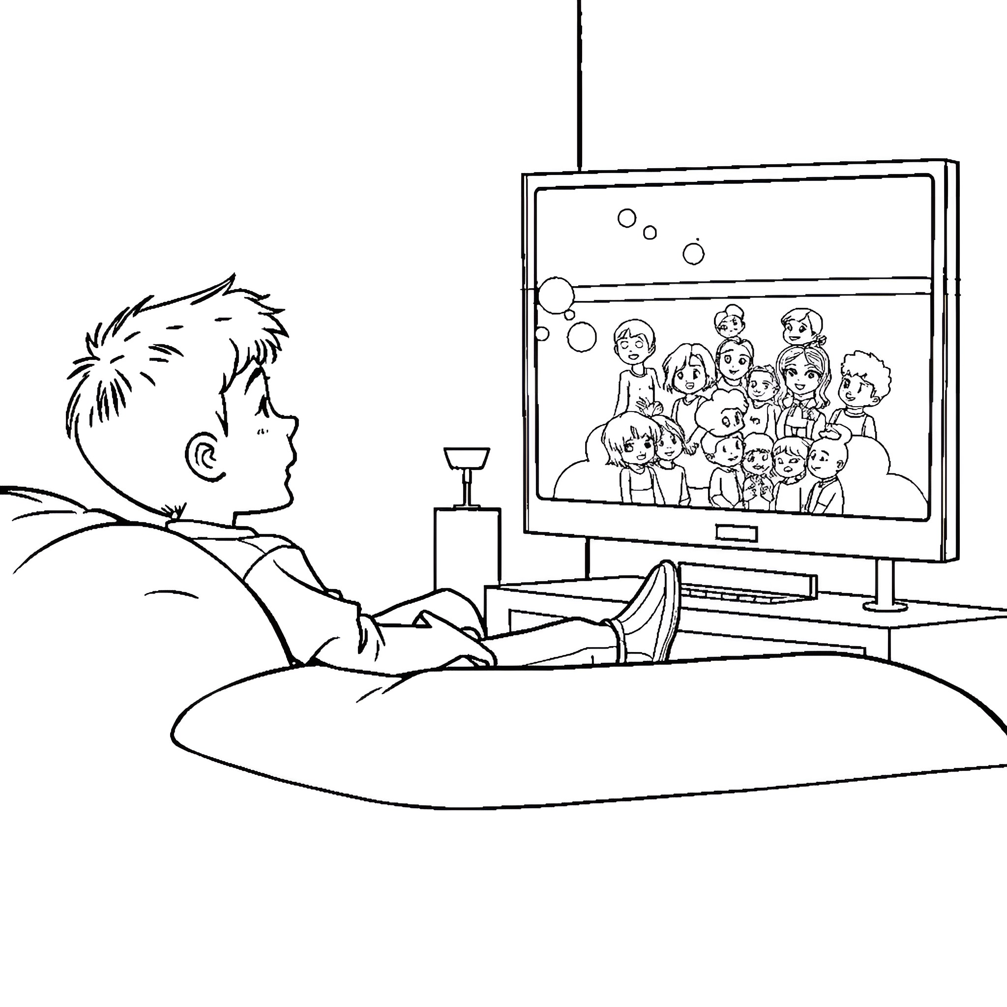 Boy watching people on television Coloring Page (free black-and-white line drawing printable PDF for all, from beginners to advanced learners, including children, teens, adults, and seniors)