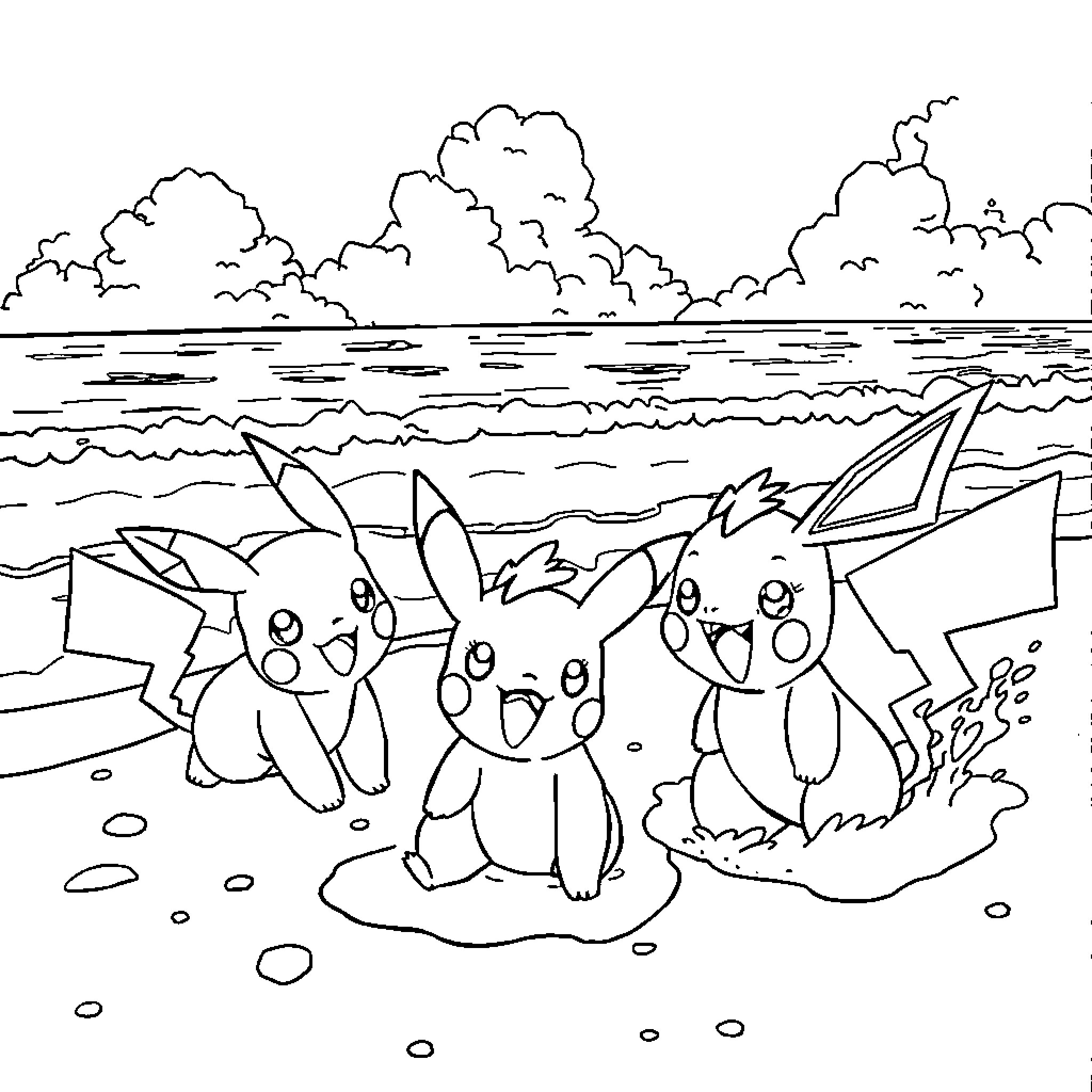 Pokémon playing happily at the beach Coloring Page (free black-and-white line drawing printable PDF for all, from beginners to advanced learners, including children, teens, adults, and seniors)