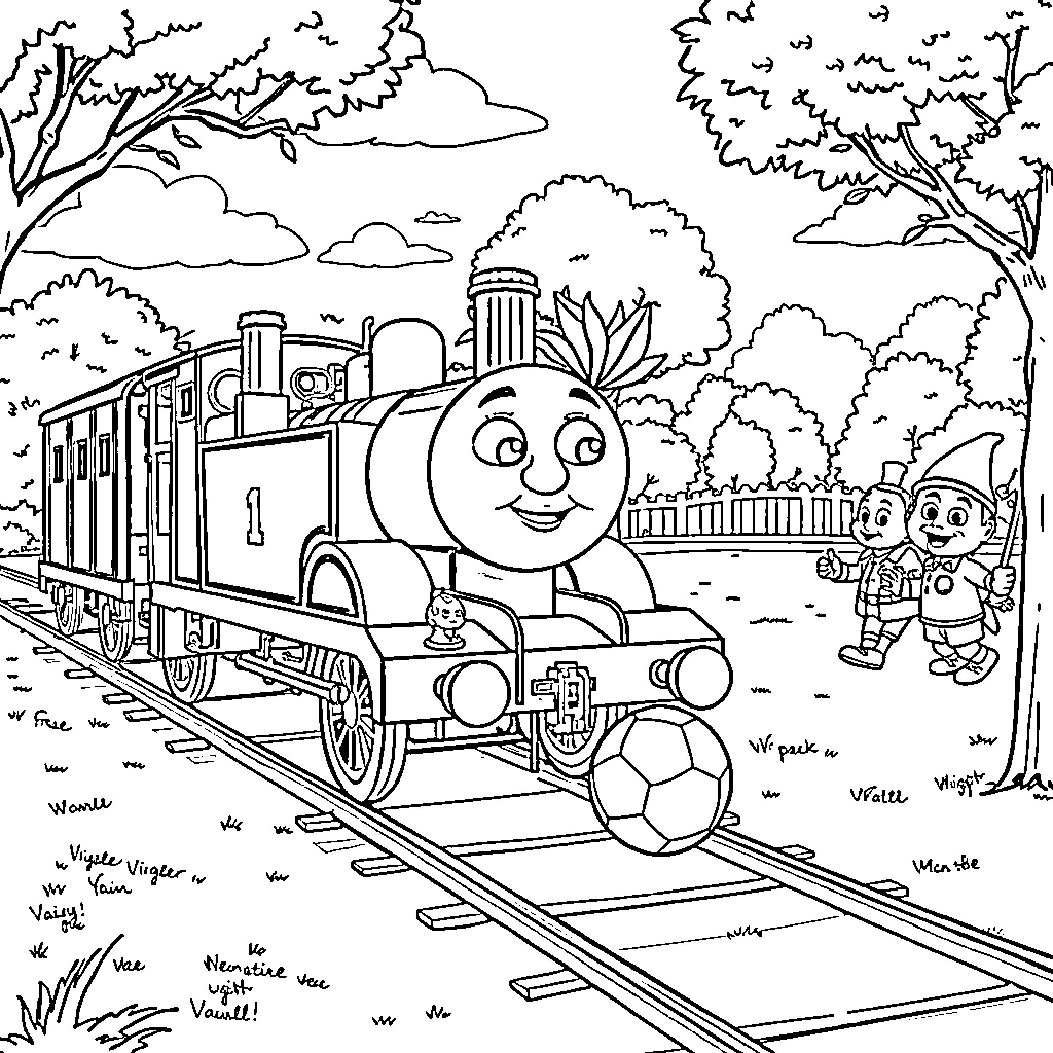 Thomas and His Friends Explore the Countryside Coloring Page (free black-and-white line drawing printable PDF for all, from beginners to advanced learners, including children, teens, adults, and seniors)