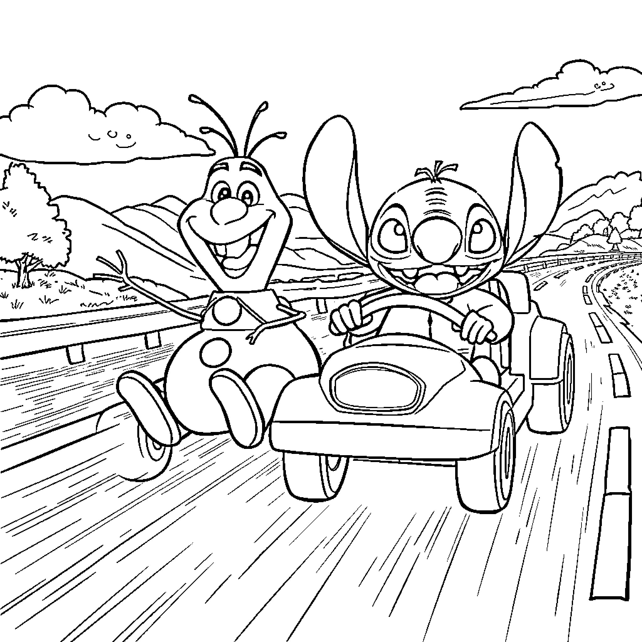 Olaf and his friend driving down the road Coloring Page (free black-and-white line drawing printable PDF for all, from beginners to advanced learners, including children, teens, adults, and seniors)