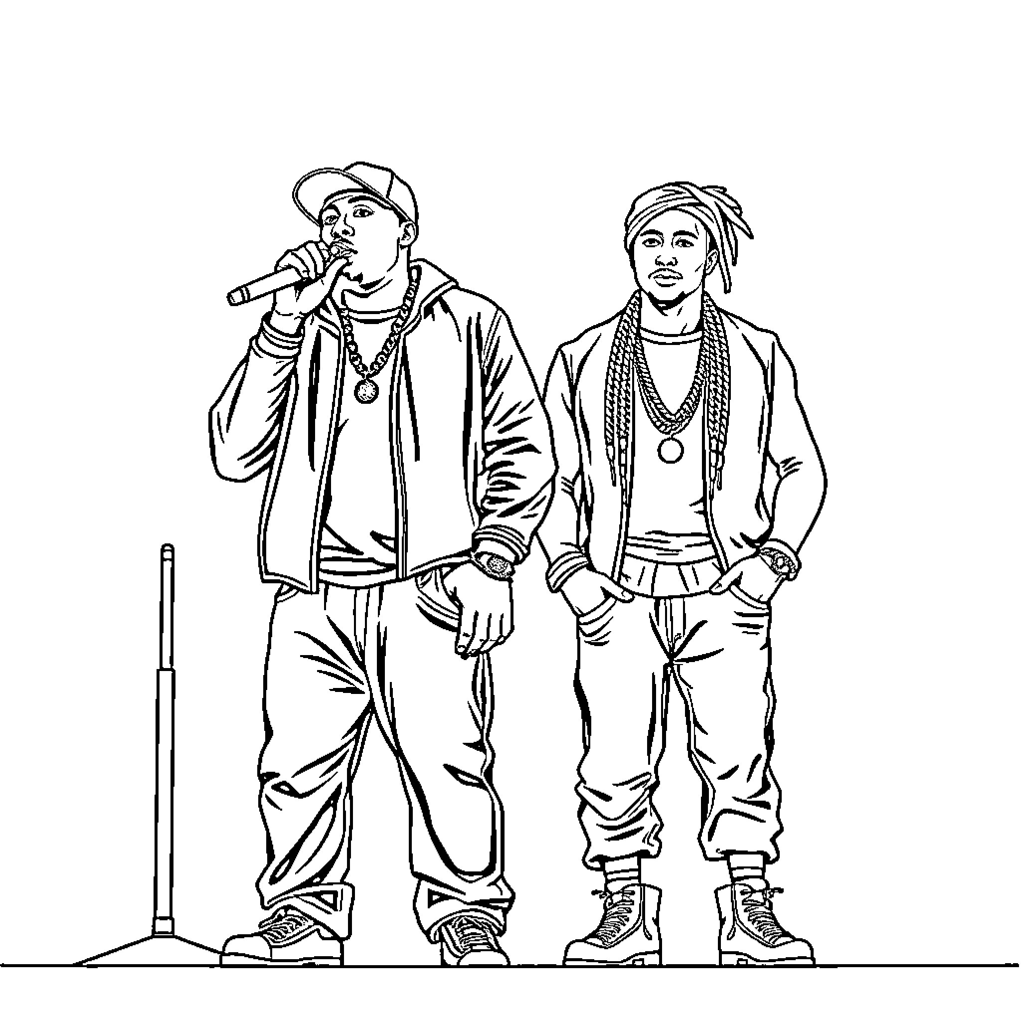50cent rappers performing on stage Coloring Page (free black-and-white line drawing printable PDF for all, from beginners to advanced learners, including children, teens, adults, and seniors)
