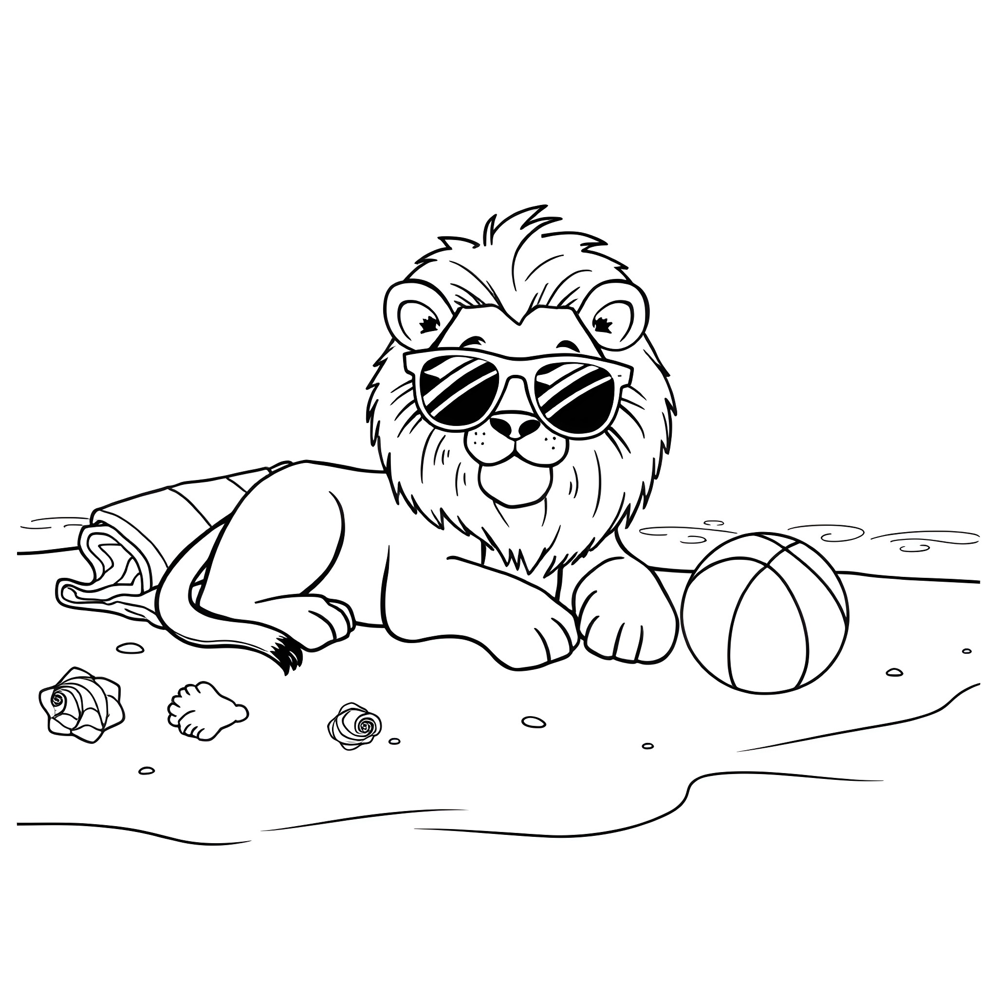 Lion relaxing on the beach with sunglasses Coloring Page (free black-and-white line drawing printable PDF for all, from beginners to advanced learners, including children, teens, adults, and seniors)