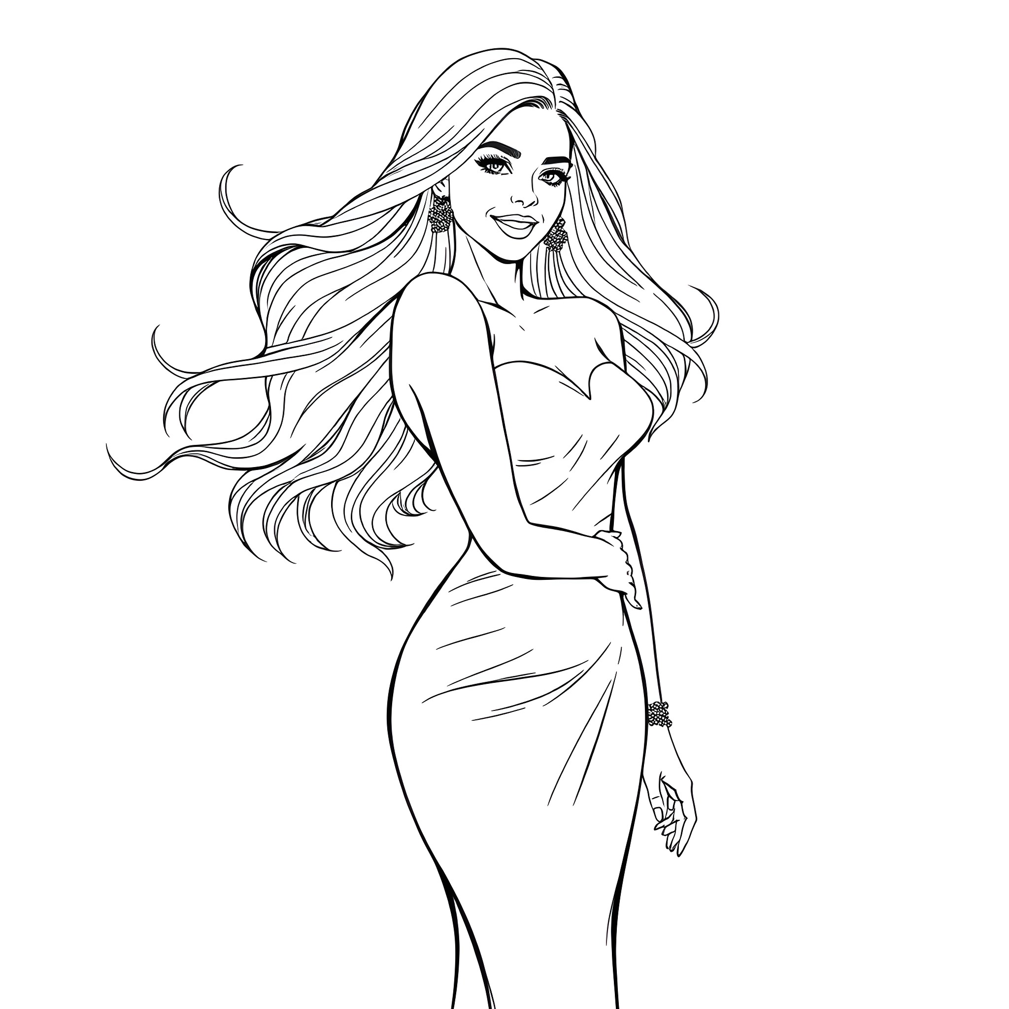 Lady with Flowing Locks in Elegant Attire Coloring Page (free black-and-white line drawing printable PDF for all, from beginners to advanced learners, including children, teens, adults, and seniors)
