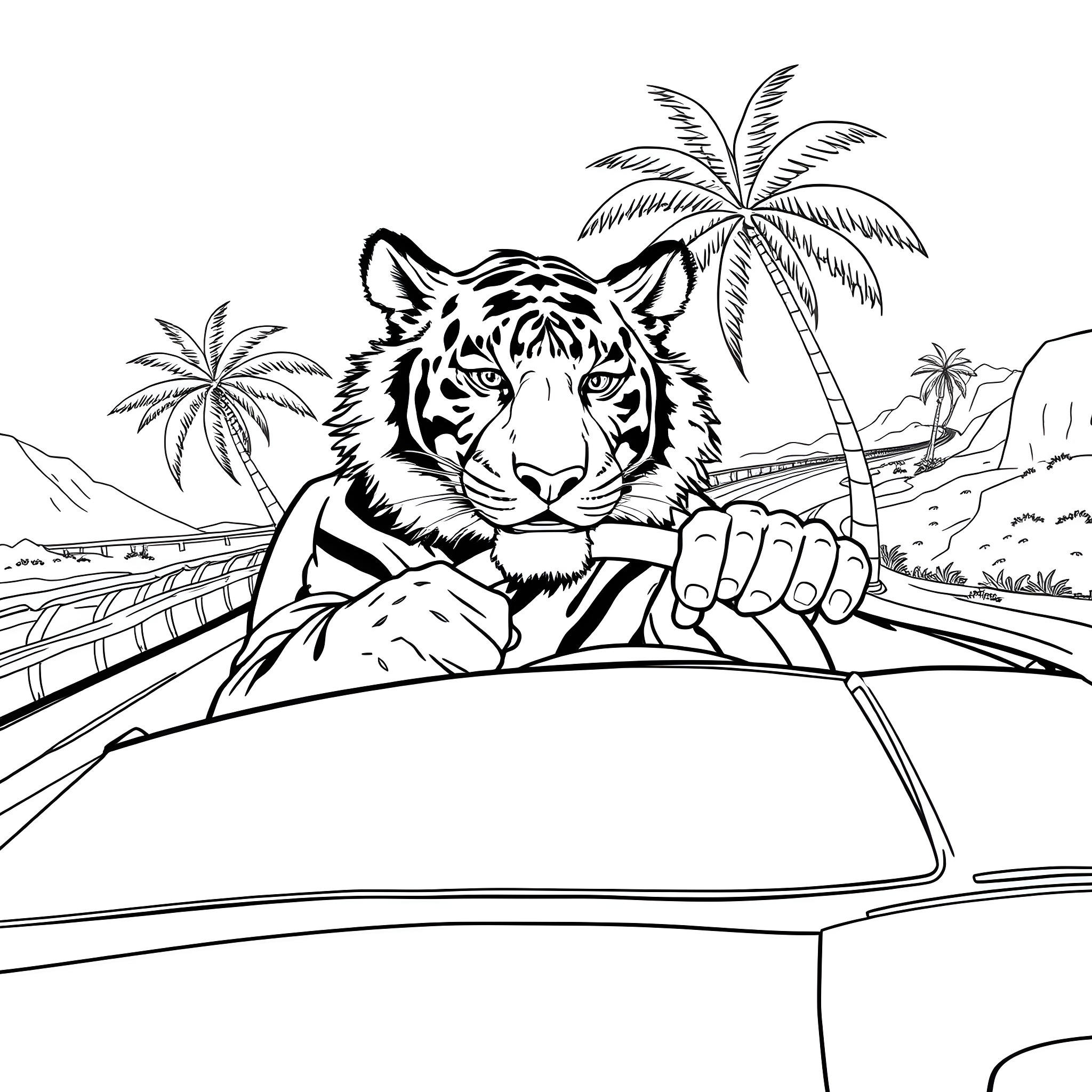 Tiger driving a car through a tropical landscape Coloring Page (free black-and-white line drawing printable PDF for all, from beginners to advanced learners, including children, teens, adults, and seniors)