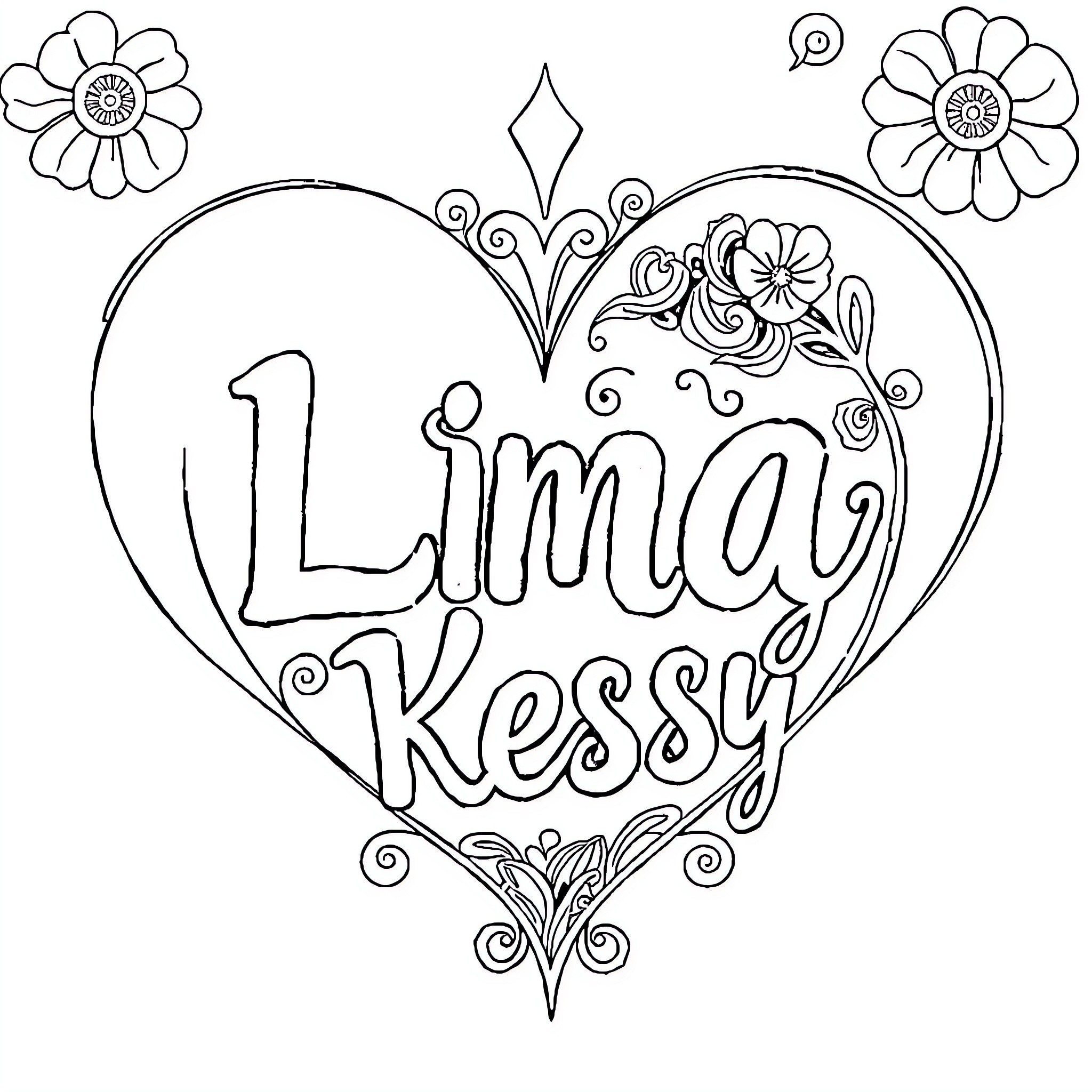 Heart-shaped drawing with the name 'Lima Kessy' Coloring Page (free black-and-white line drawing printable PDF for all, from beginners to advanced learners, including children, teens, adults, and seniors)