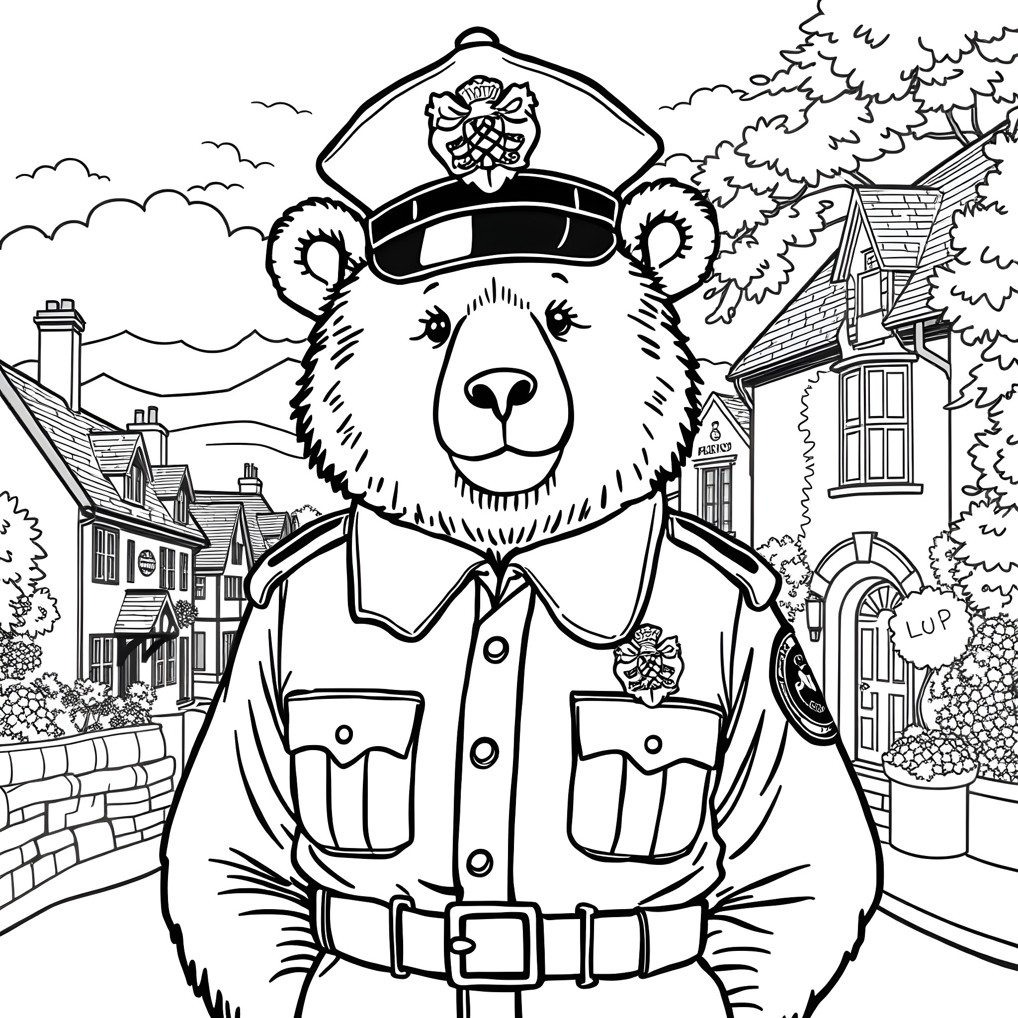 Bear police officer patrolling the neighborhood Coloring Page (free black-and-white line drawing printable PDF for all, from beginners to advanced learners, including children, teens, adults, and seniors)