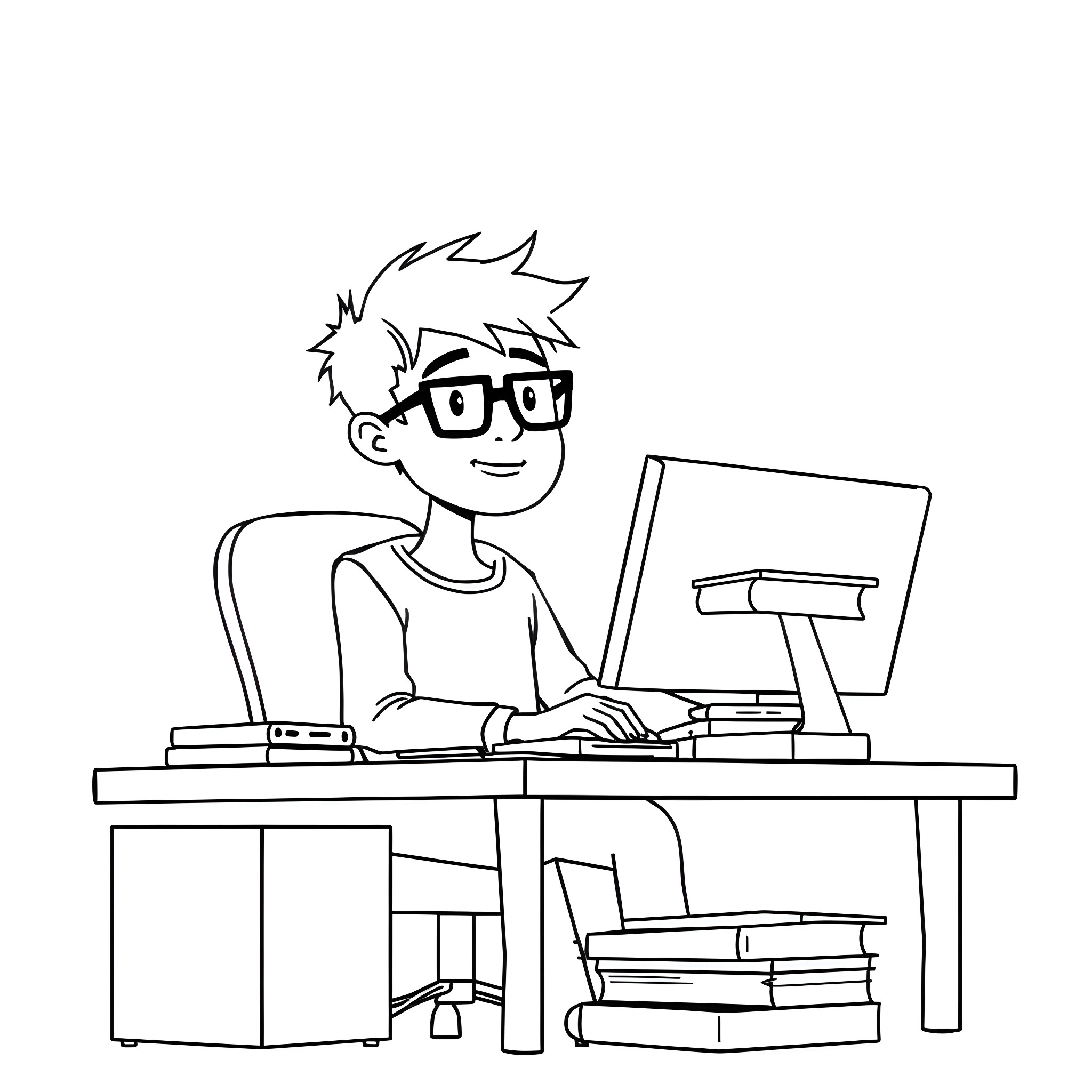 Nerd working diligently at computer desk Coloring Page (free black-and-white line drawing printable PDF for all, from beginners to advanced learners, including children, teens, adults, and seniors)