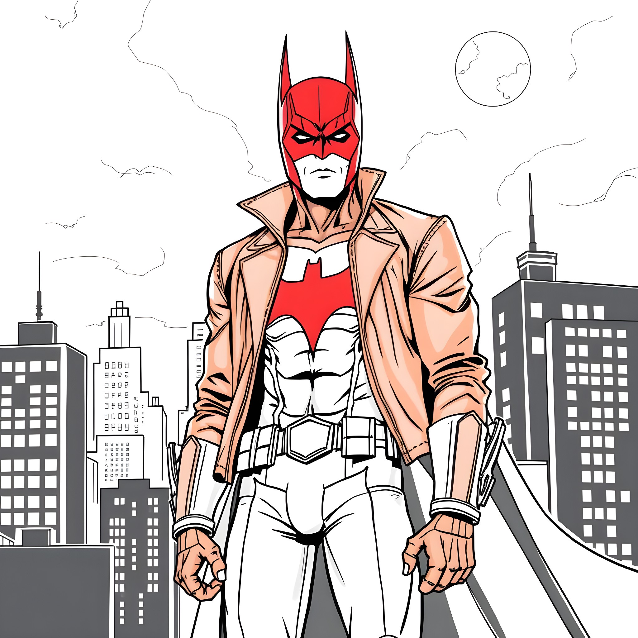 Red Hood's Heroic Stance in the Cityscape Coloring Page (free black-and-white line drawing printable PDF for all, from beginners to advanced learners, including children, teens, adults, and seniors)