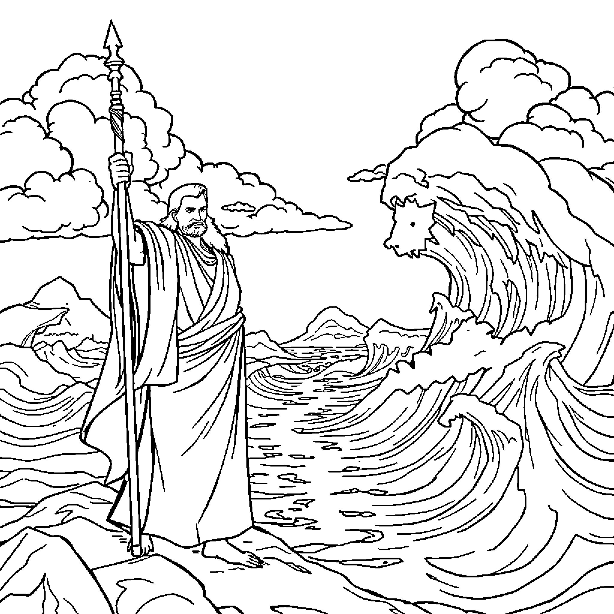 Moses dividing the Red Sea in the storm Coloring Page (free black-and-white line drawing printable PDF for all, from beginners to advanced learners, including children, teens, adults, and seniors)