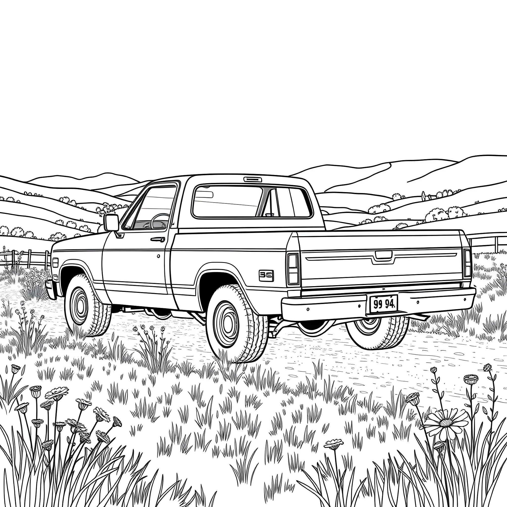 Stepside truck in a rural landscape Coloring Page (free black-and-white line drawing printable PDF for all, from beginners to advanced learners, including children, teens, adults, and seniors)