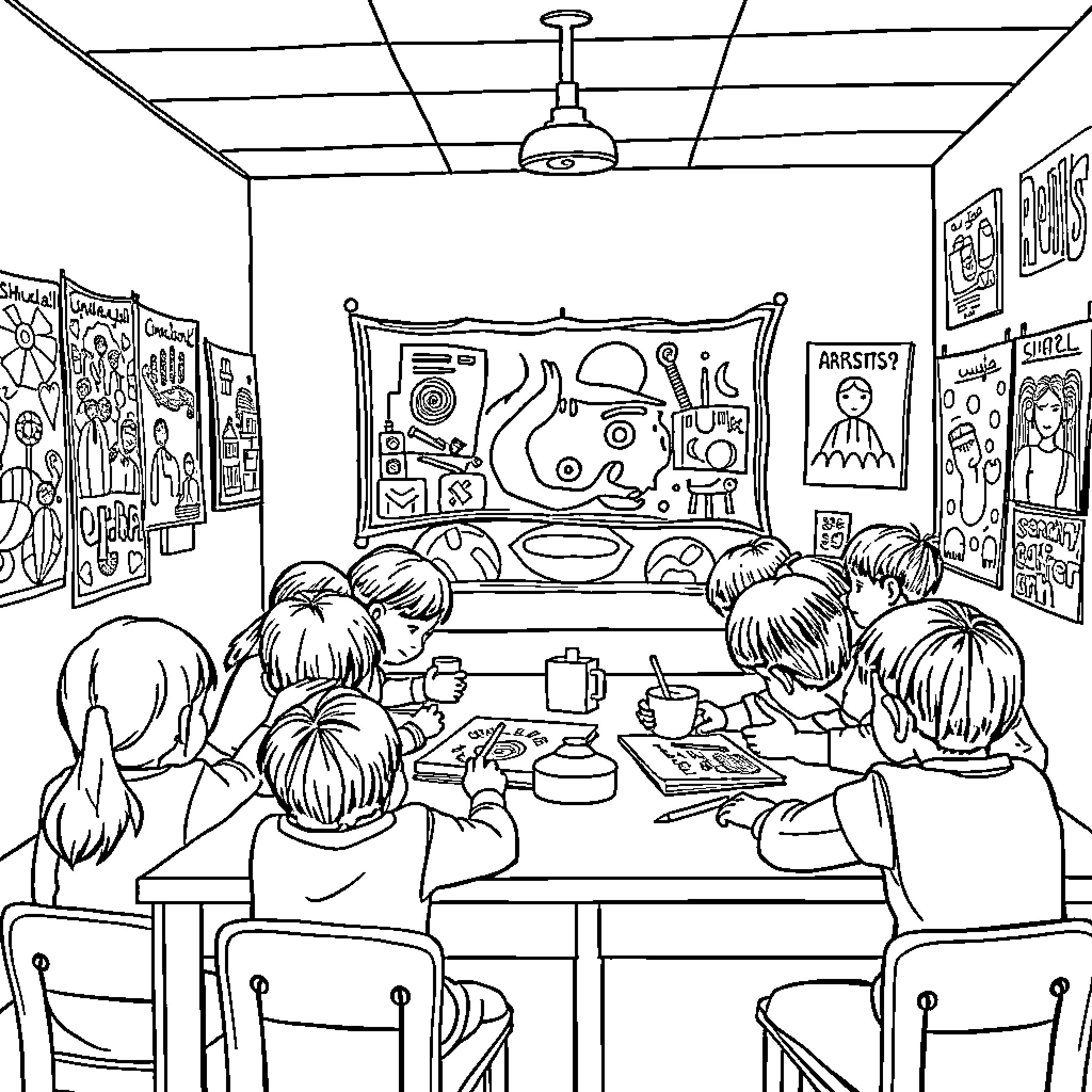 Classroom Filled with Students Engaged in Activities Coloring Page (free black-and-white line drawing printable PDF for all, from beginners to advanced learners, including children, teens, adults, and seniors)
