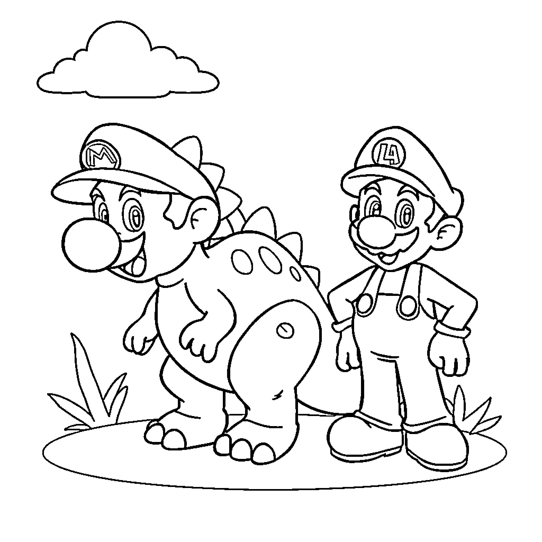 Dinosaur and plumber characters explore outdoors Coloring Page (free black-and-white line drawing printable PDF for all, from beginners to advanced learners, including children, teens, adults, and seniors)