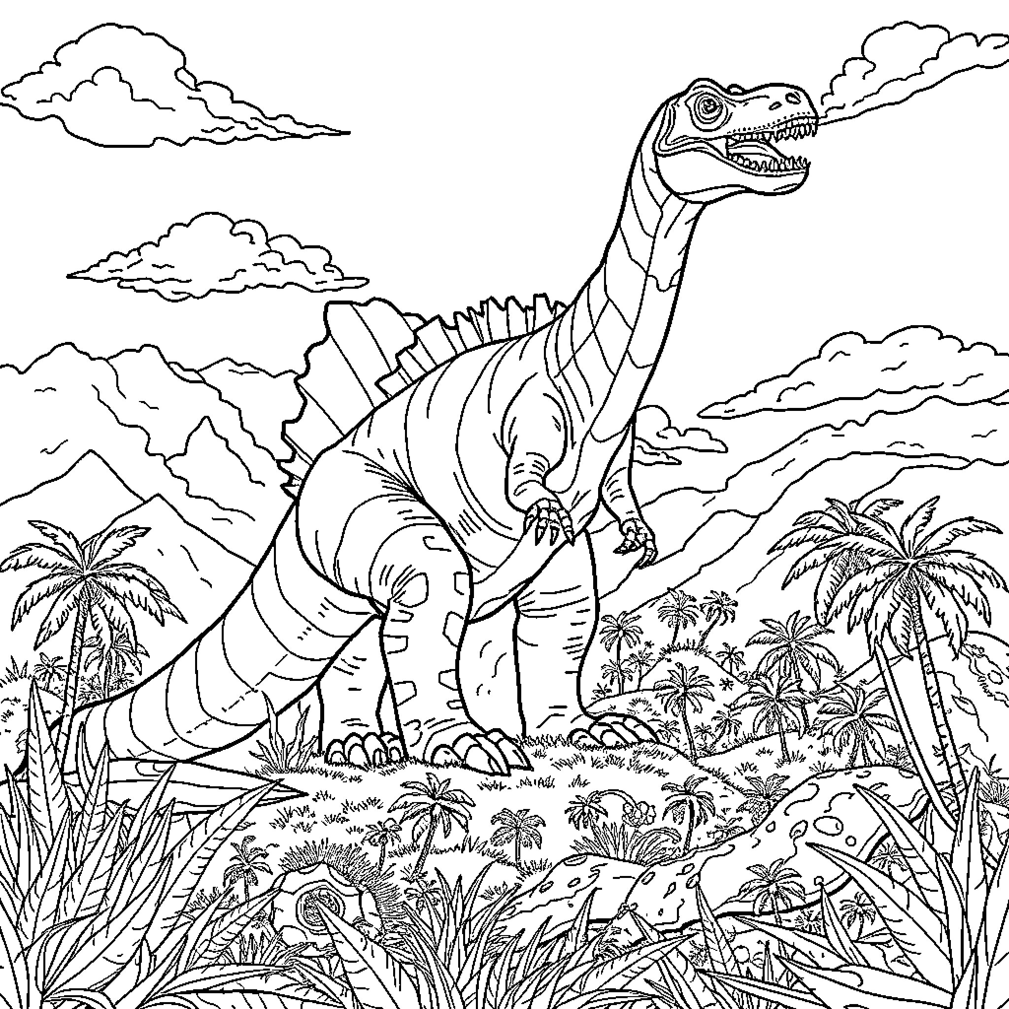 Dinosaur in a prehistoric landscape Coloring Page (free black-and-white line drawing printable PDF for all, from beginners to advanced learners, including children, teens, adults, and seniors)