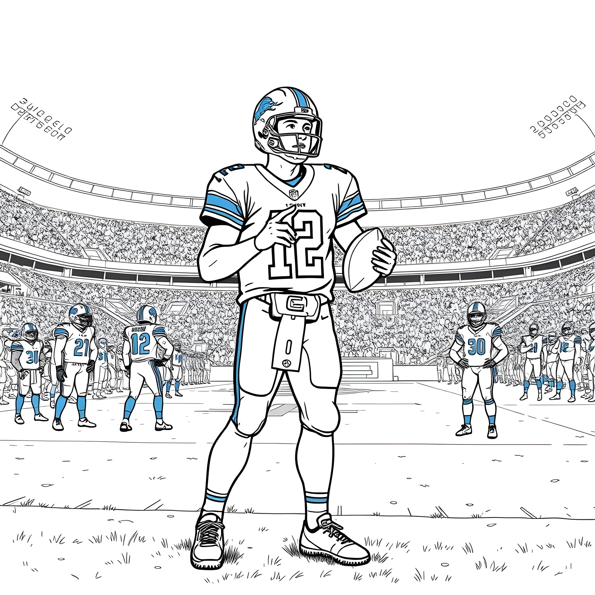 Quarterback leading his team on the field Coloring Page (free black-and-white line drawing printable PDF for all, from beginners to advanced learners, including children, teens, adults, and seniors)