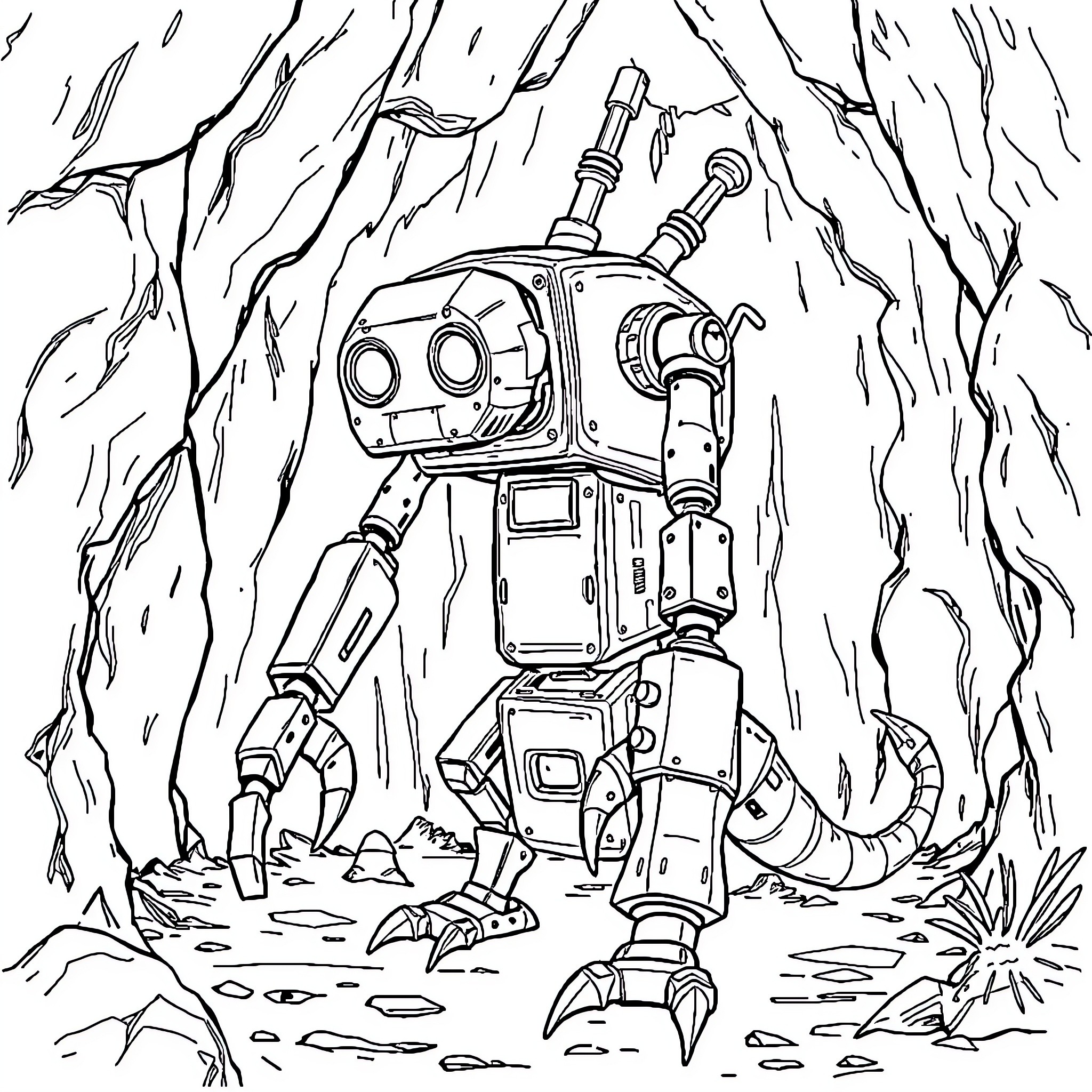 ClankER: Robotic Exploration in the Wild Coloring Page (free black-and-white line drawing printable PDF for all, from beginners to advanced learners, including children, teens, adults, and seniors)