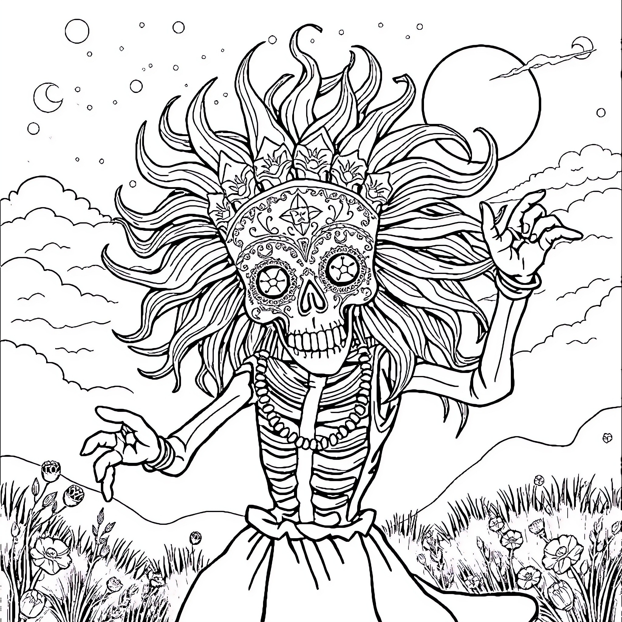 Oni creature with ornate skull mask in mystical landscape Coloring Page (free black-and-white line drawing printable PDF for all, from beginners to advanced learners, including children, teens, adults, and seniors)