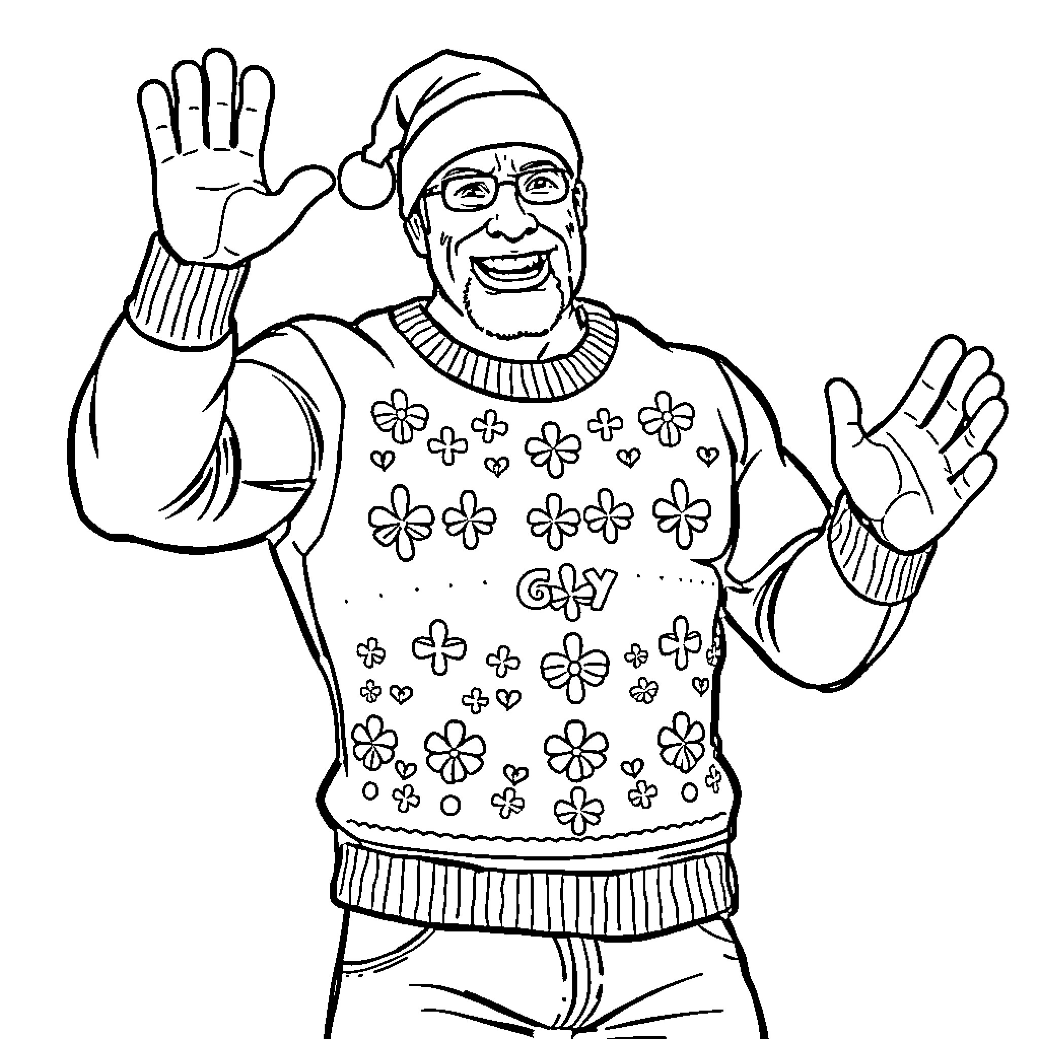Hulk Hogan wearing festive sweater and waving Coloring Page (free black-and-white line drawing printable PDF for all, from beginners to advanced learners, including children, teens, adults, and seniors)