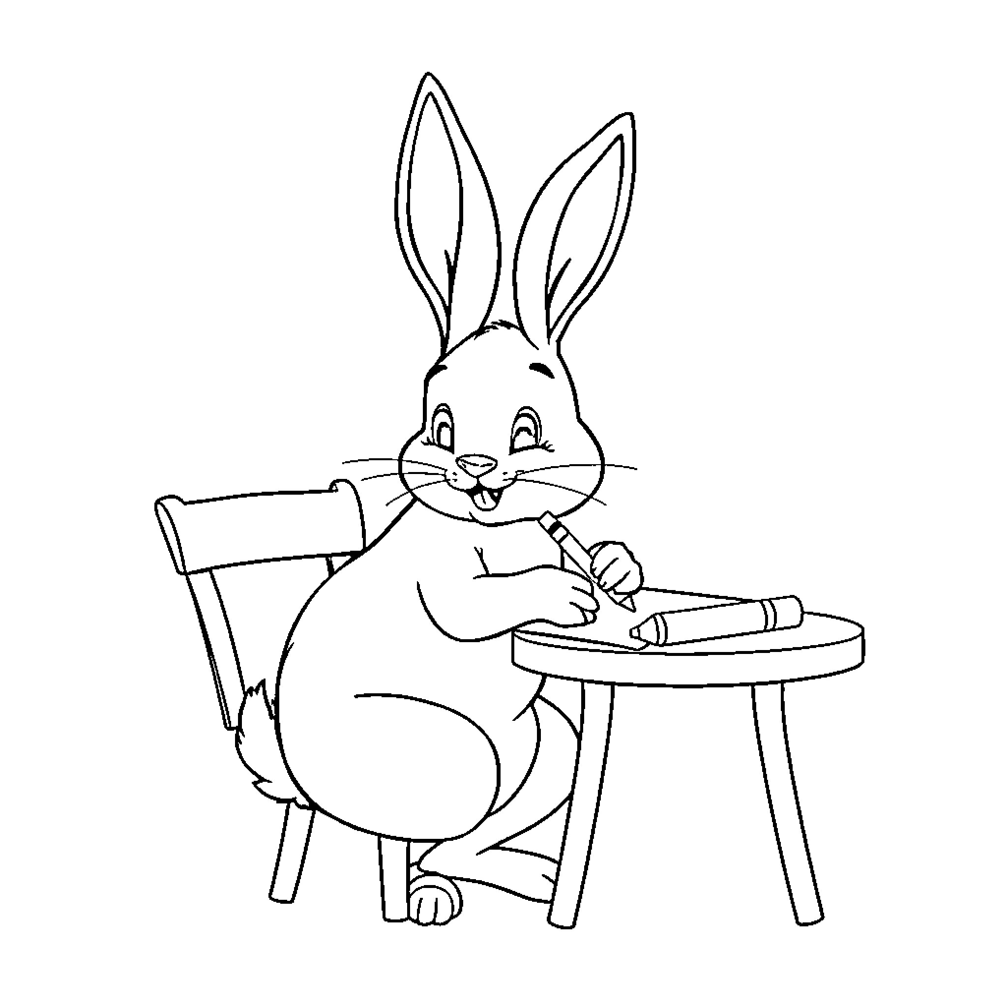 Rabbit drawing on a table with crayons Coloring Page (free black-and-white line drawing printable PDF for all, from beginners to advanced learners, including children, teens, adults, and seniors)