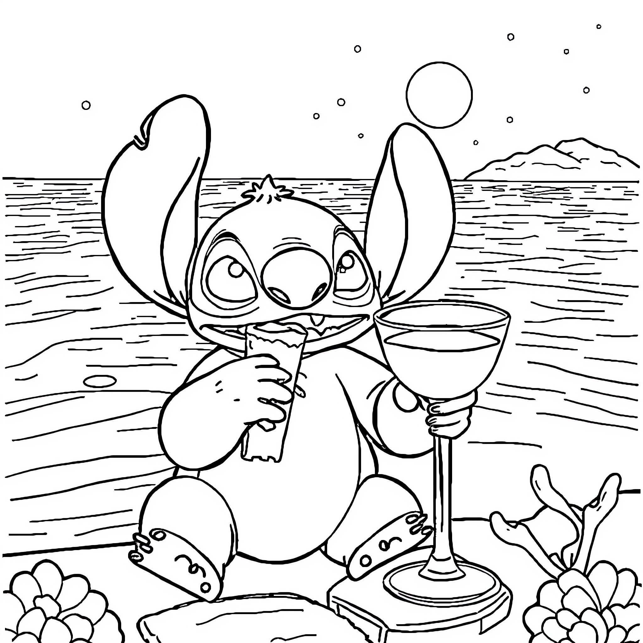 Stitch enjoying a drink on the beach Coloring Page (free black-and-white line drawing printable PDF for all, from beginners to advanced learners, including children, teens, adults, and seniors)