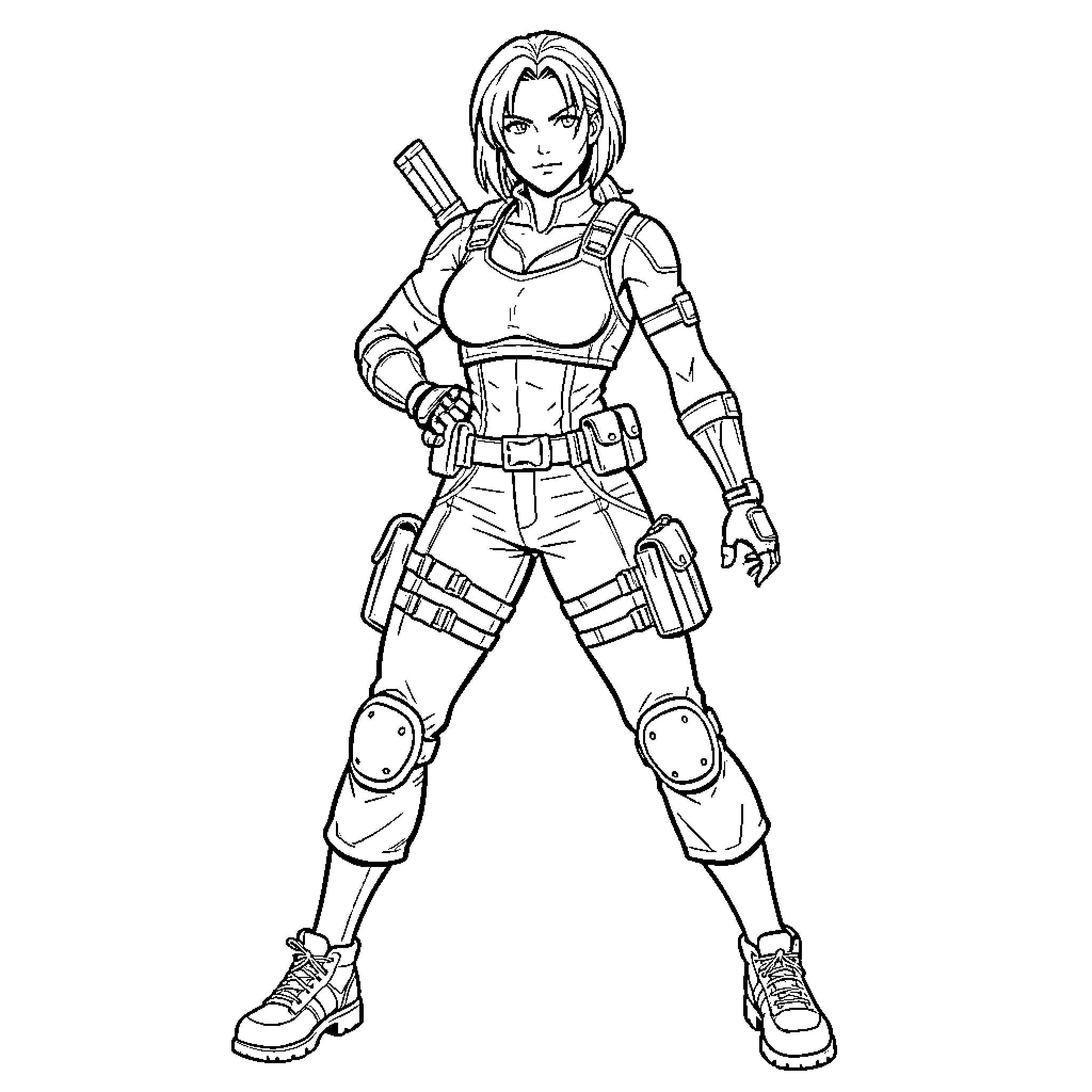 Jill Valentine: Tactical Gear and Determination Coloring Page (free black-and-white line drawing printable PDF for all, from beginners to advanced learners, including children, teens, adults, and seniors)