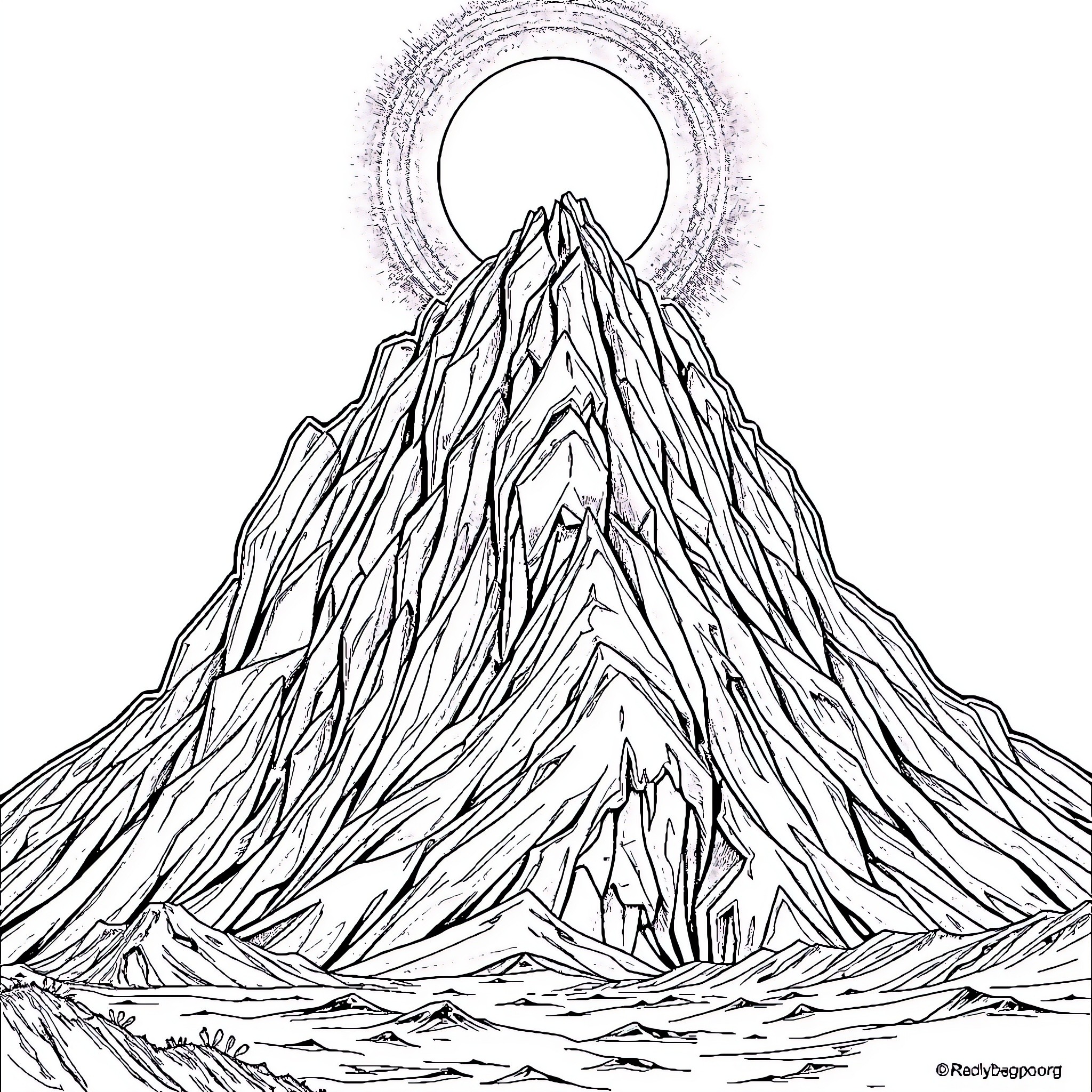 Mountain range against a glowing sun Coloring Page (free black-and-white line drawing printable PDF for all, from beginners to advanced learners, including children, teens, adults, and seniors)