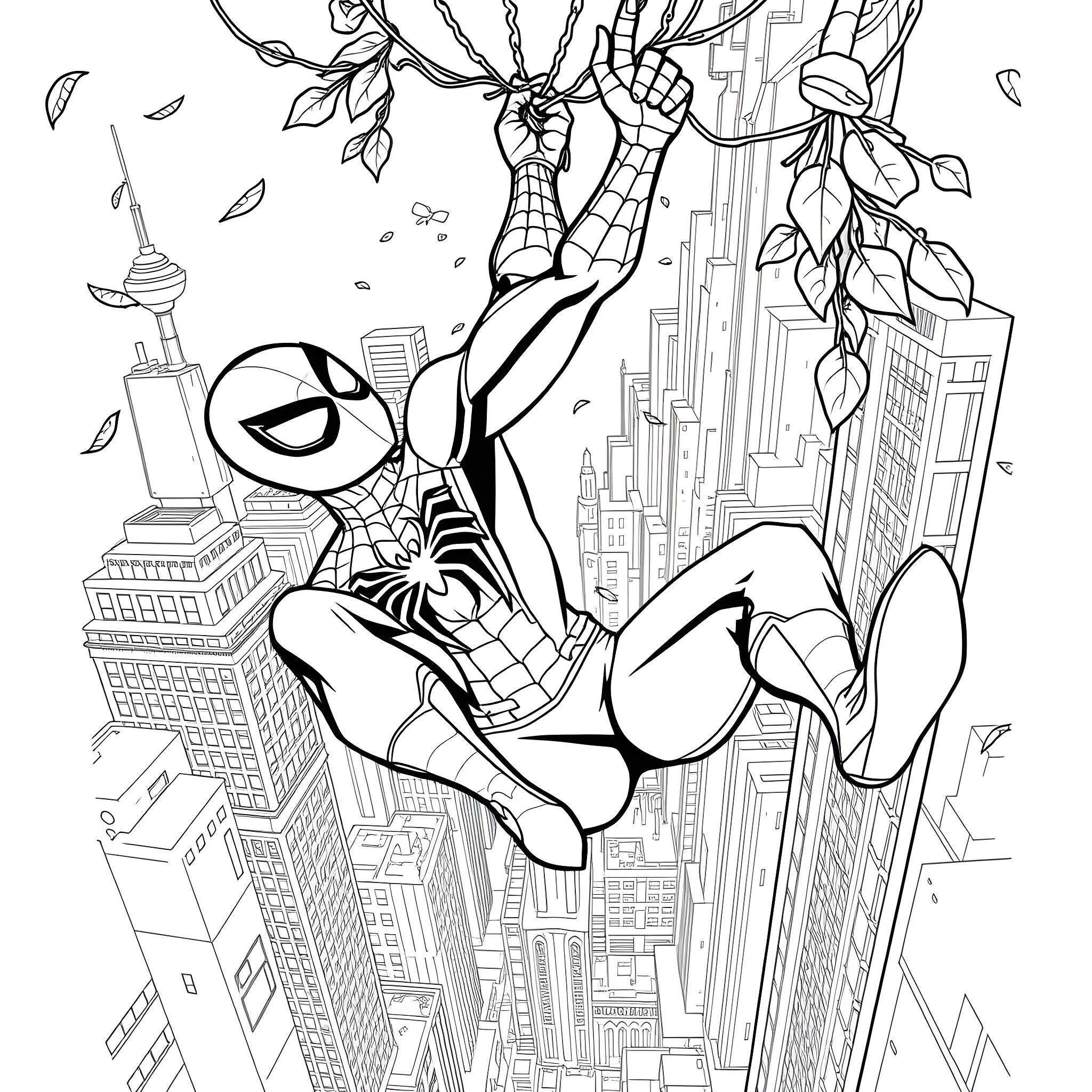 Spiderman swinging above the city skyline Coloring Page (free black-and-white line drawing printable PDF for all, from beginners to advanced learners, including children, teens, adults, and seniors)