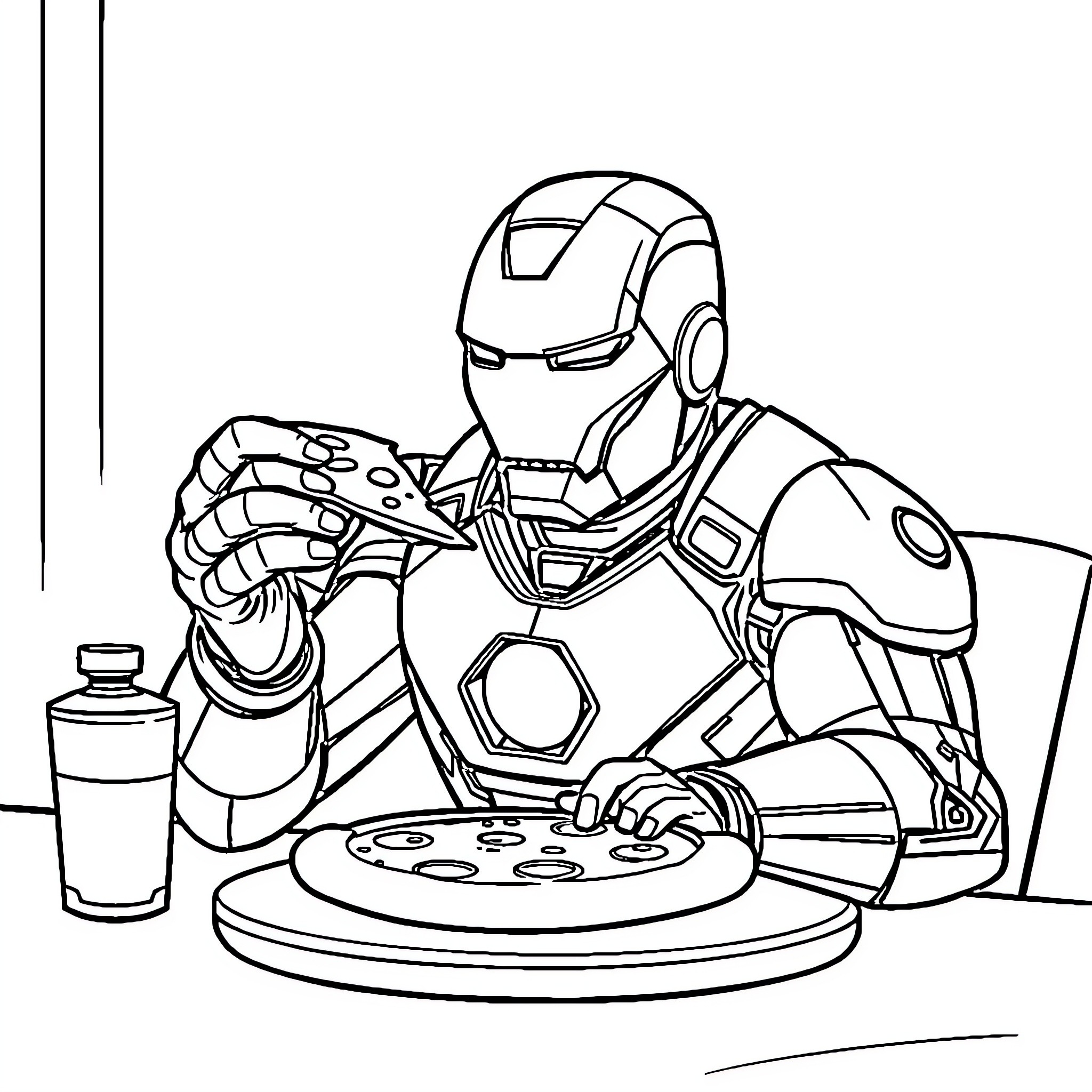 Iron Man playing video games Coloring Page (free black-and-white line drawing printable PDF for all, from beginners to advanced learners, including children, teens, adults, and seniors)