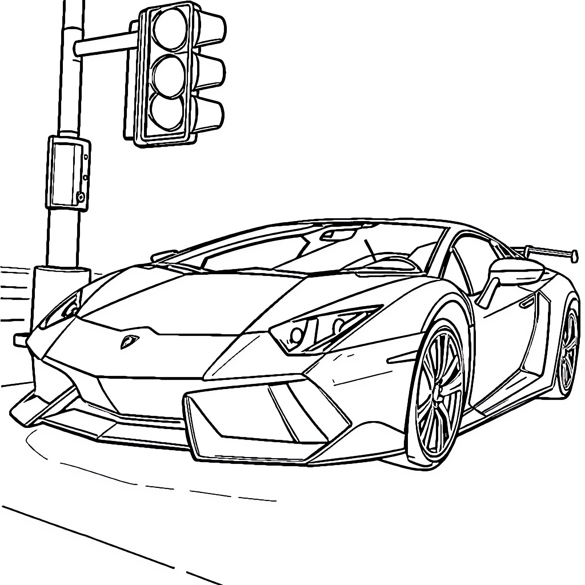 Lamborghini luxury sports car at traffic light Coloring Page (free black-and-white line drawing printable PDF for all, from beginners to advanced learners, including children, teens, adults, and seniors)