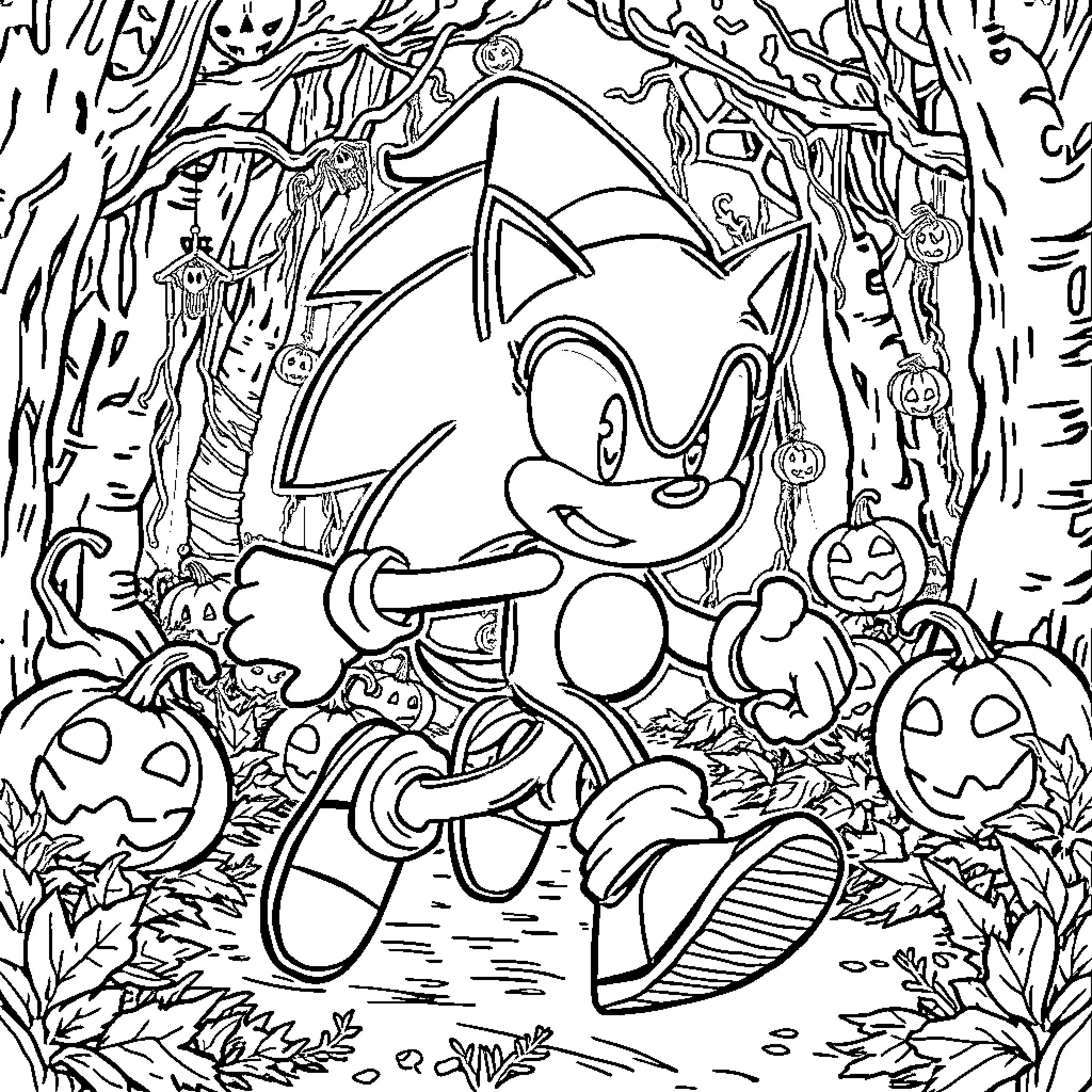 Sonic exploring a spooky Halloween forest scene Coloring Page (free black-and-white line drawing printable PDF for all, from beginners to advanced learners, including children, teens, adults, and seniors)
