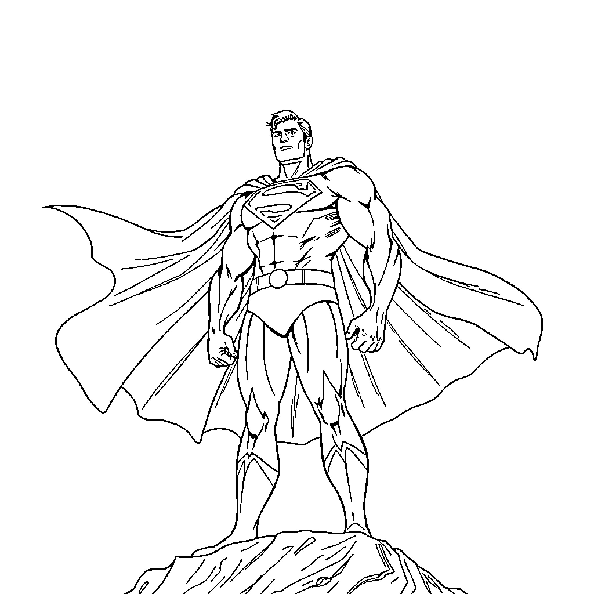 Superman standing heroically atop a rocky peak Coloring Page (free black-and-white line drawing printable PDF for all, from beginners to advanced learners, including children, teens, adults, and seniors)