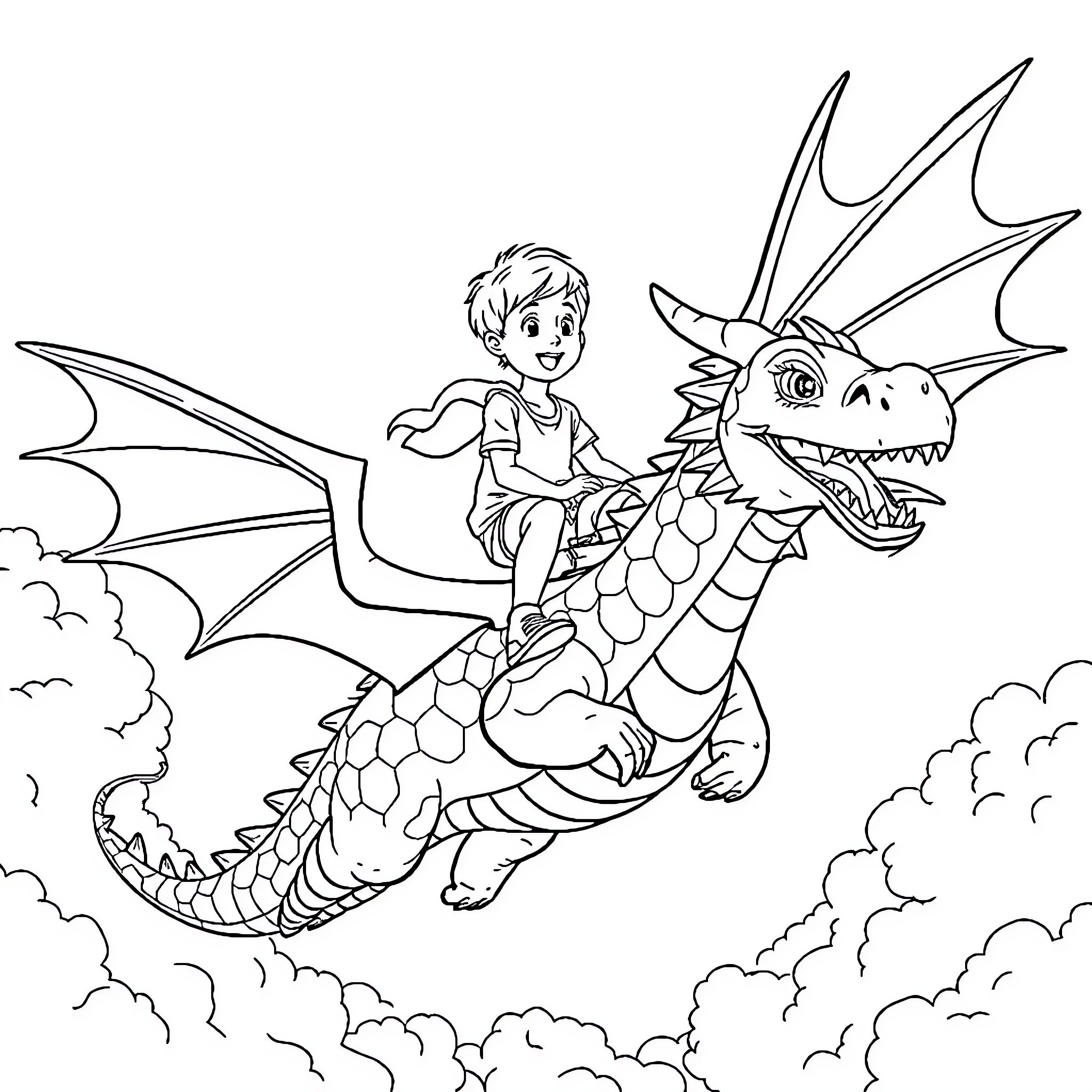 Boy riding a fierce dragon in the sky Coloring Page (free black-and-white line drawing printable PDF for all, from beginners to advanced learners, including children, teens, adults, and seniors)