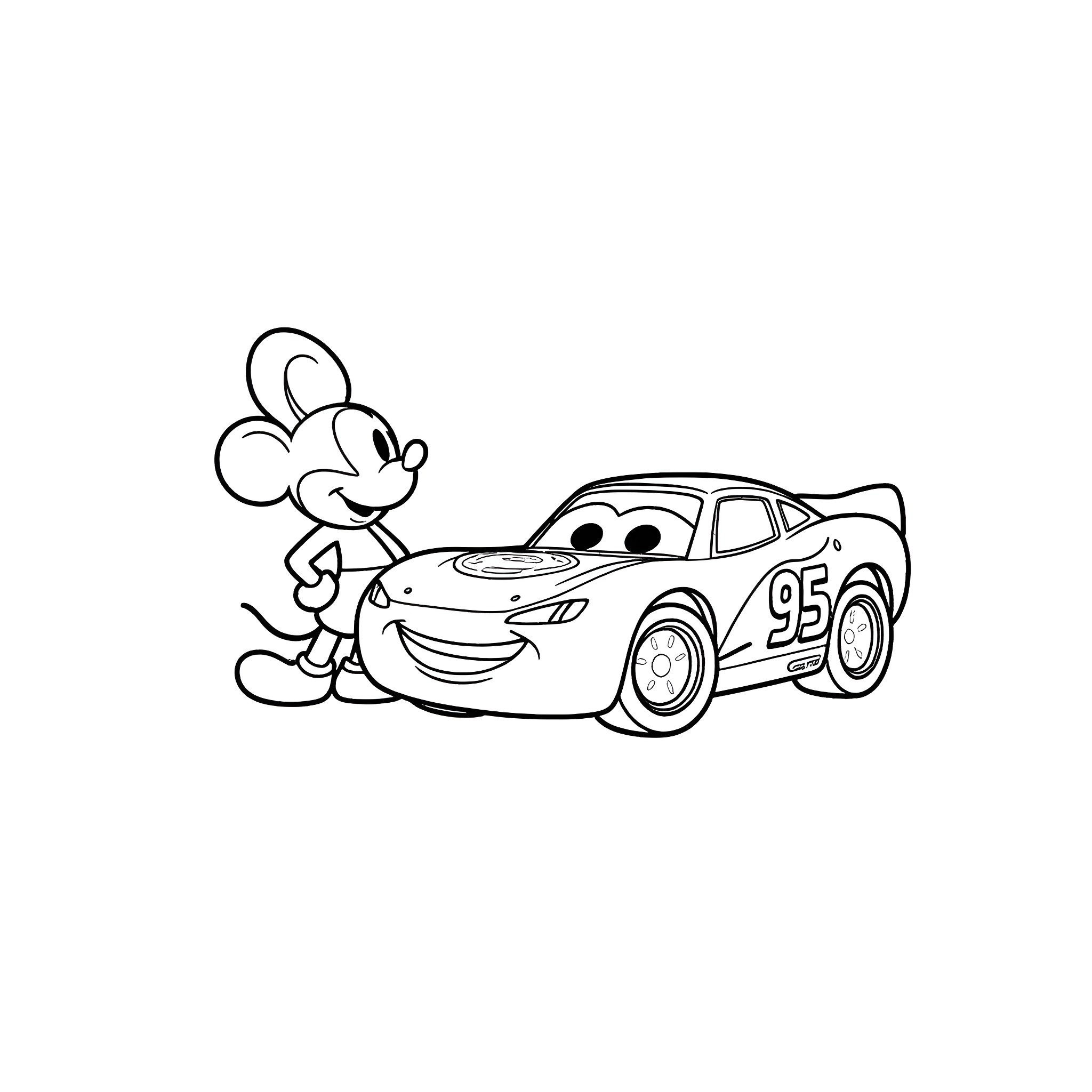 Mickey Mouse meets Lightning McQueen Coloring Page (free black-and-white line drawing printable PDF for all, from beginners to advanced learners, including children, teens, adults, and seniors)
