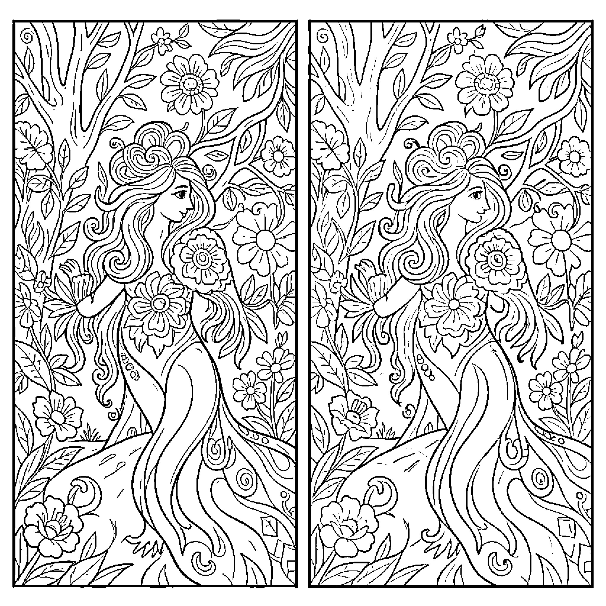 Intricate floral pattern with two female figures Coloring Page (free black-and-white line drawing printable PDF for all, from beginners to advanced learners, including children, teens, adults, and seniors)