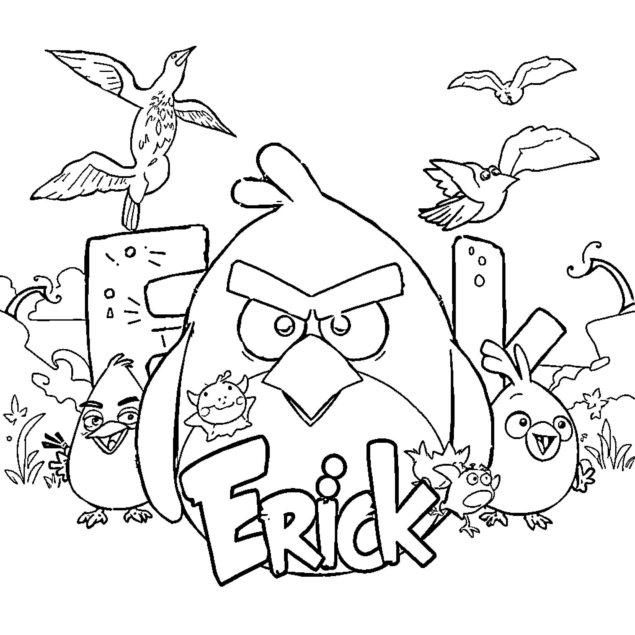 Erick's angry birds adventure in the forest Coloring Page (free black-and-white line drawing printable PDF for all, from beginners to advanced learners, including children, teens, adults, and seniors)