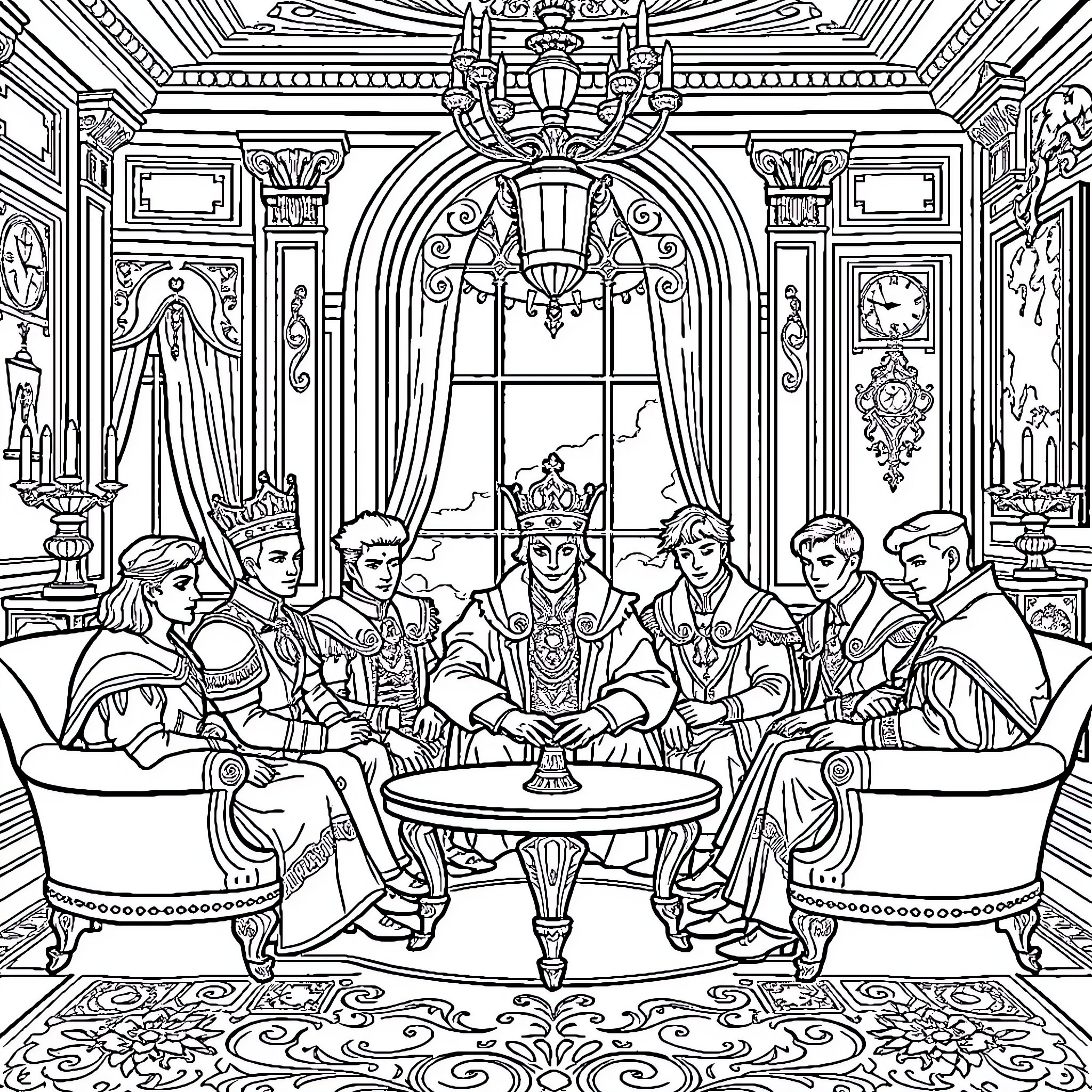 Prince in a Regal Royal Court Gathering Coloring Page (free black-and-white line drawing printable PDF for all, from beginners to advanced learners, including children, teens, adults, and seniors)
