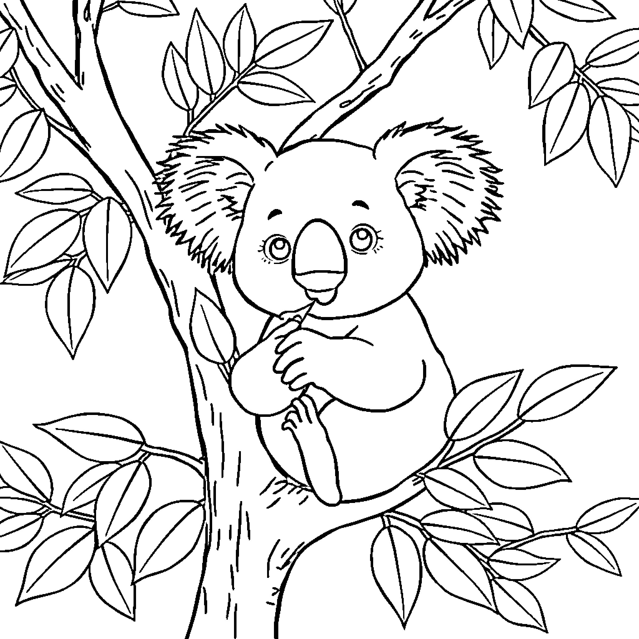 Koala resting peacefully in a tree Coloring Page (free black-and-white line drawing printable PDF for all, from beginners to advanced learners, including children, teens, adults, and seniors)