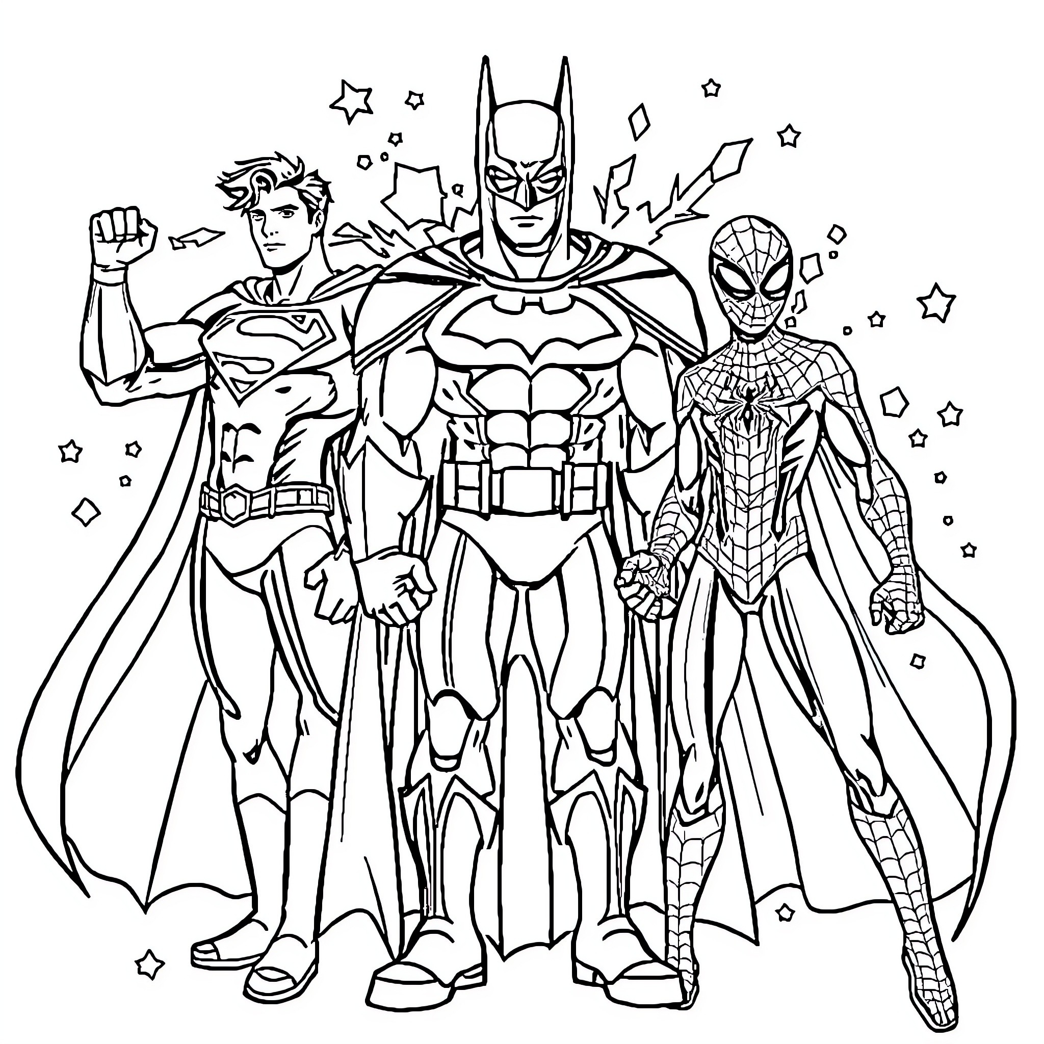 Superhero Characters in Action-Packed Pose Coloring Page (free black-and-white line drawing printable PDF for all, from beginners to advanced learners, including children, teens, adults, and seniors)