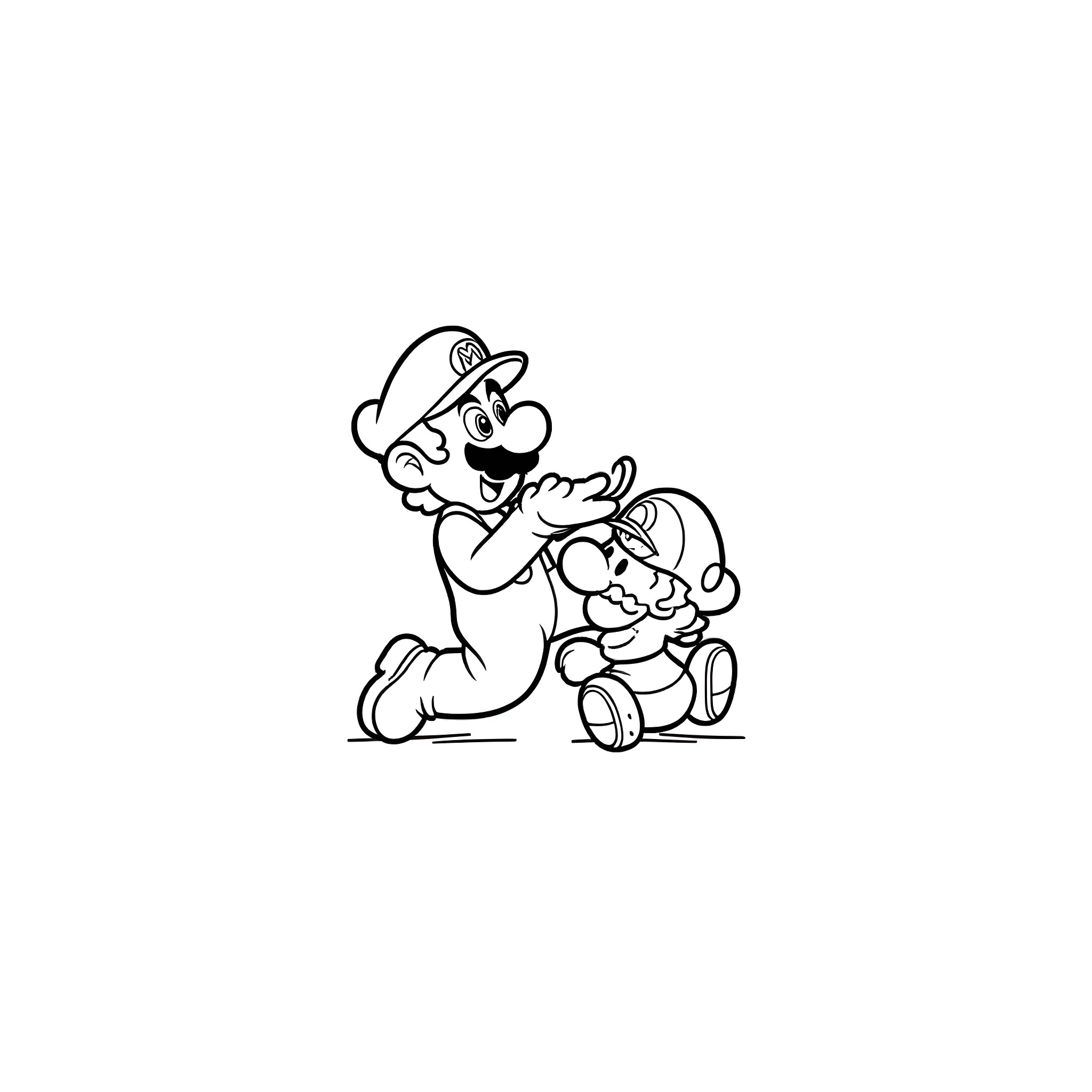 Mario playing with baby Mario Coloring Page (free black-and-white line drawing printable PDF for all, from beginners to advanced learners, including children, teens, adults, and seniors)