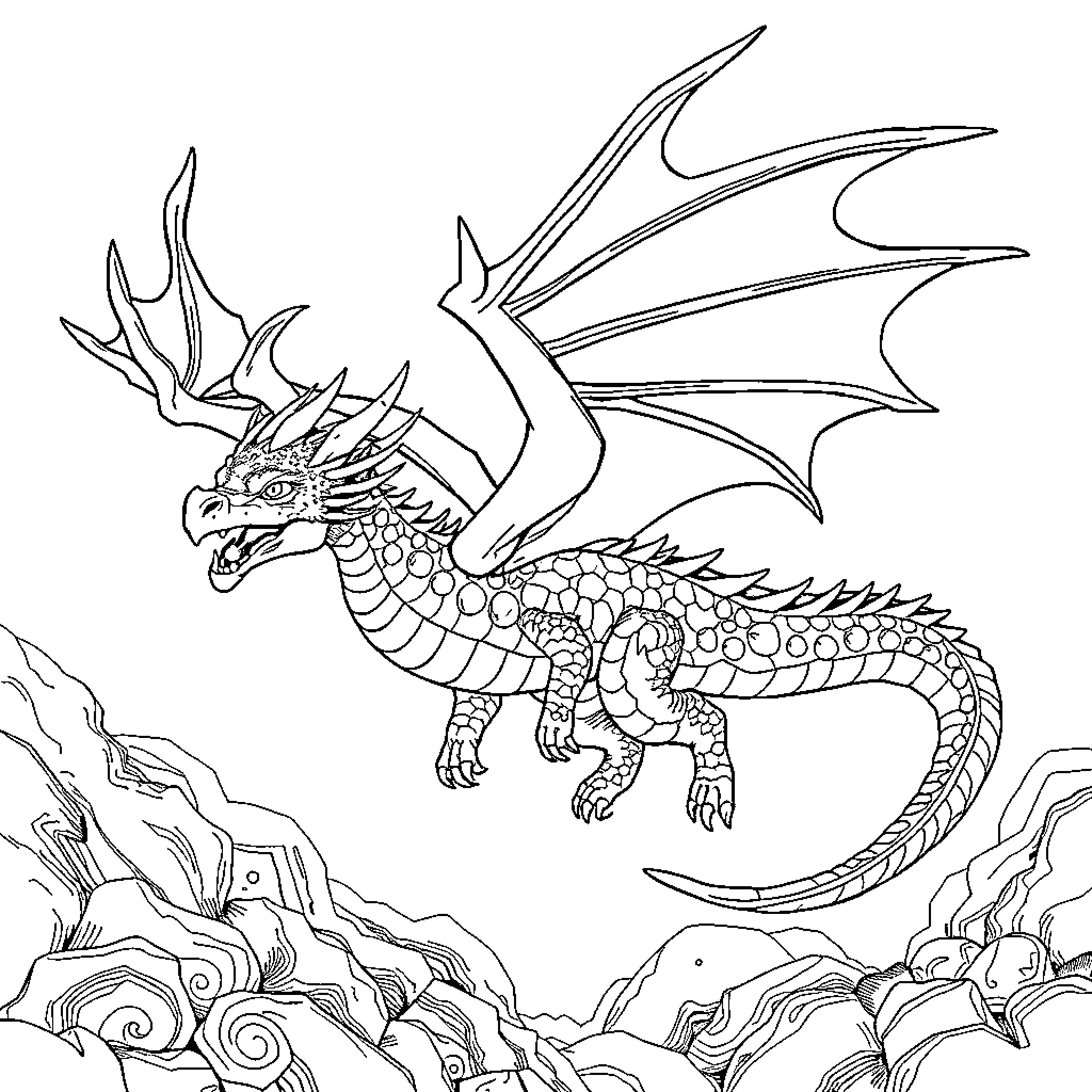 Dragon soaring through fantastical landscapes Coloring Page (free black-and-white line drawing printable PDF for all, from beginners to advanced learners, including children, teens, adults, and seniors)