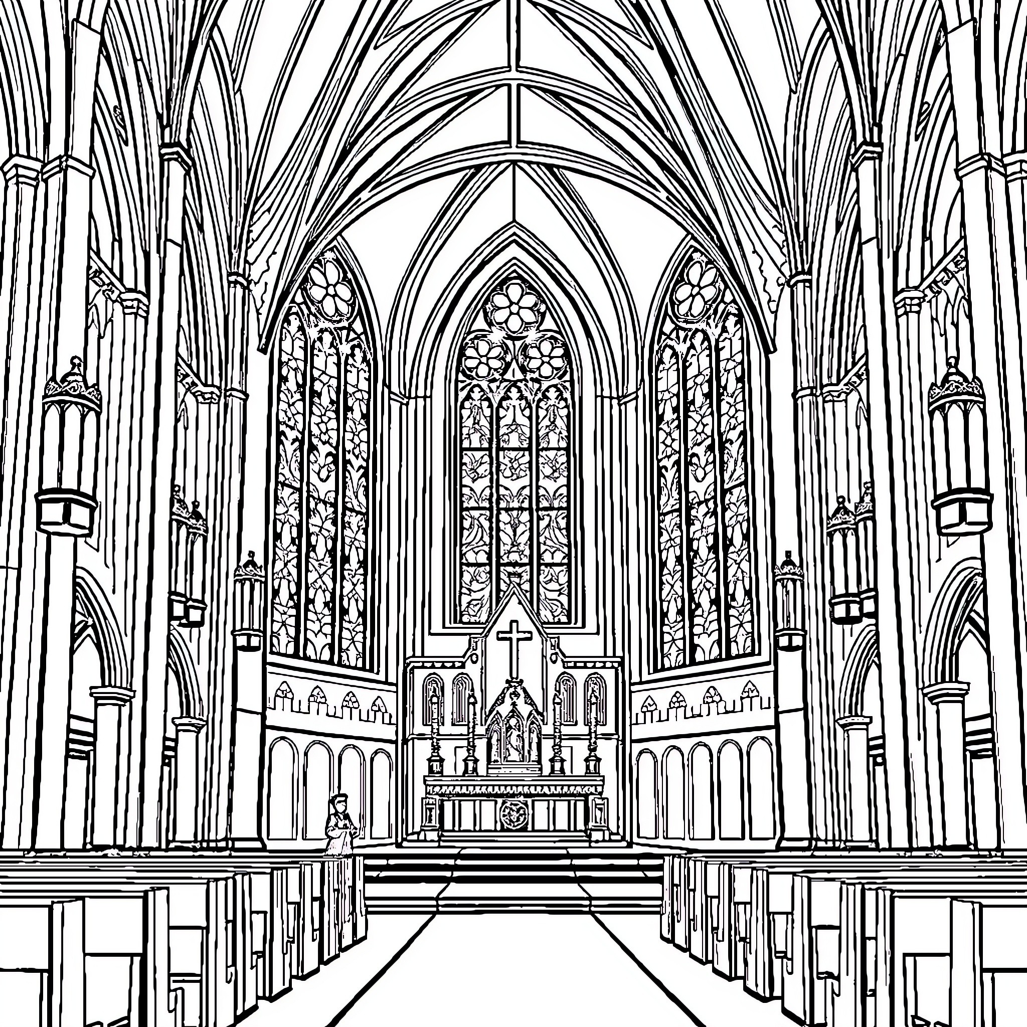 Church interior with intricate Gothic architecture Coloring Page (free black-and-white line drawing printable PDF for all, from beginners to advanced learners, including children, teens, adults, and seniors)
